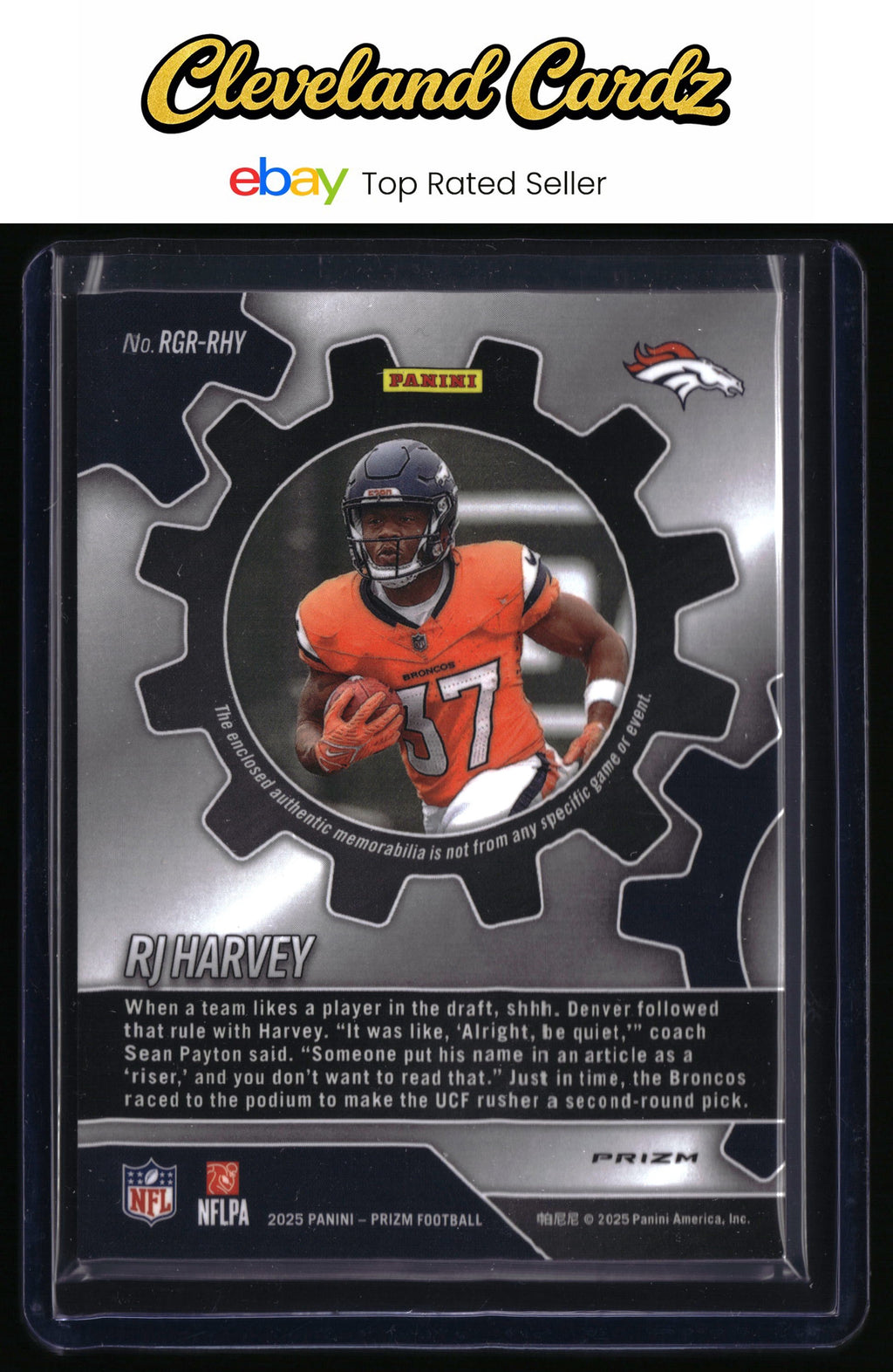 2025 Panini Prizm #RGR-RHY RJ Harvey Rookie Gear Neon Green Pulsar