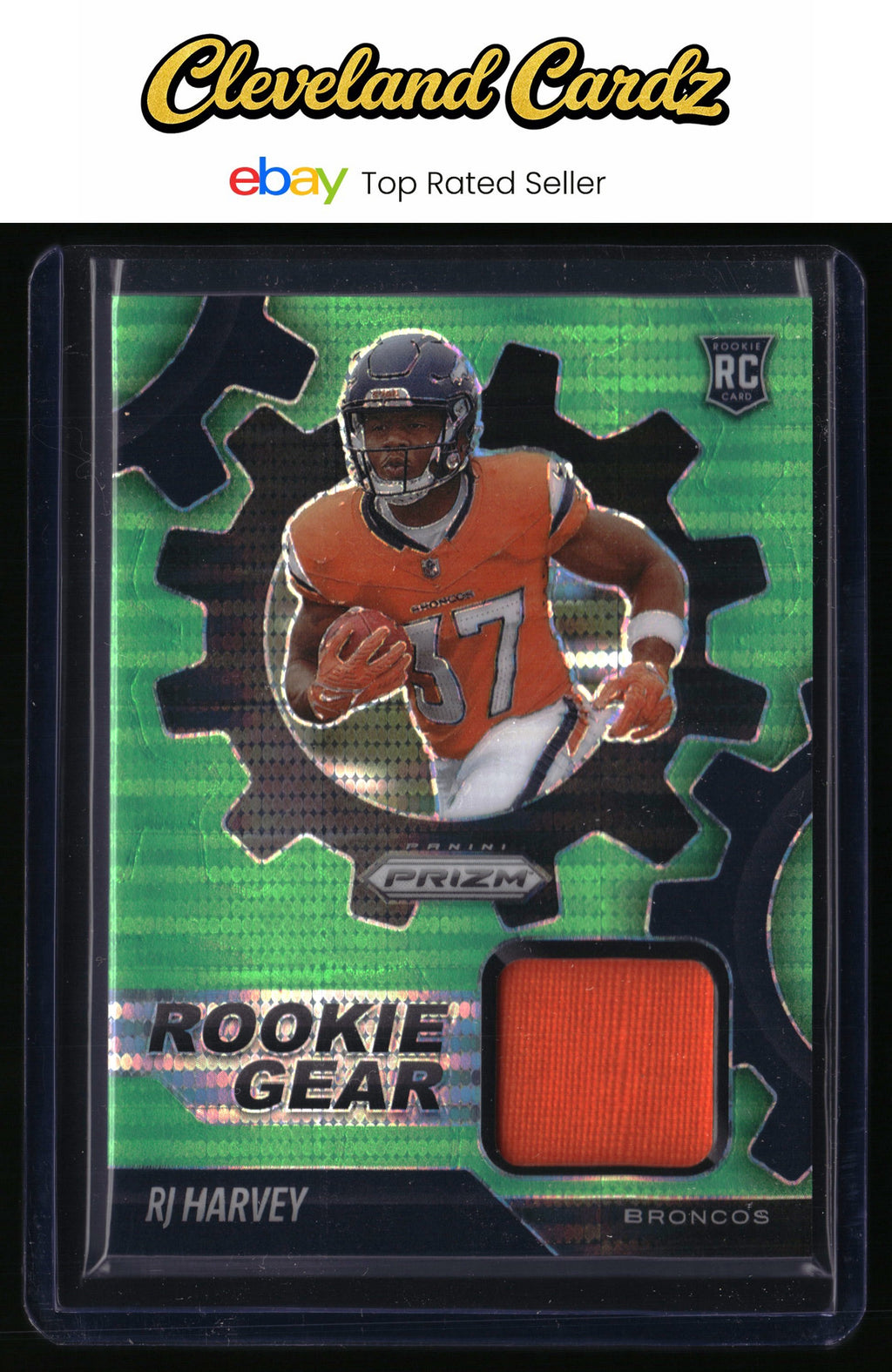 2025 Panini Prizm #RGR-RHY RJ Harvey Rookie Gear Neon Green Pulsar