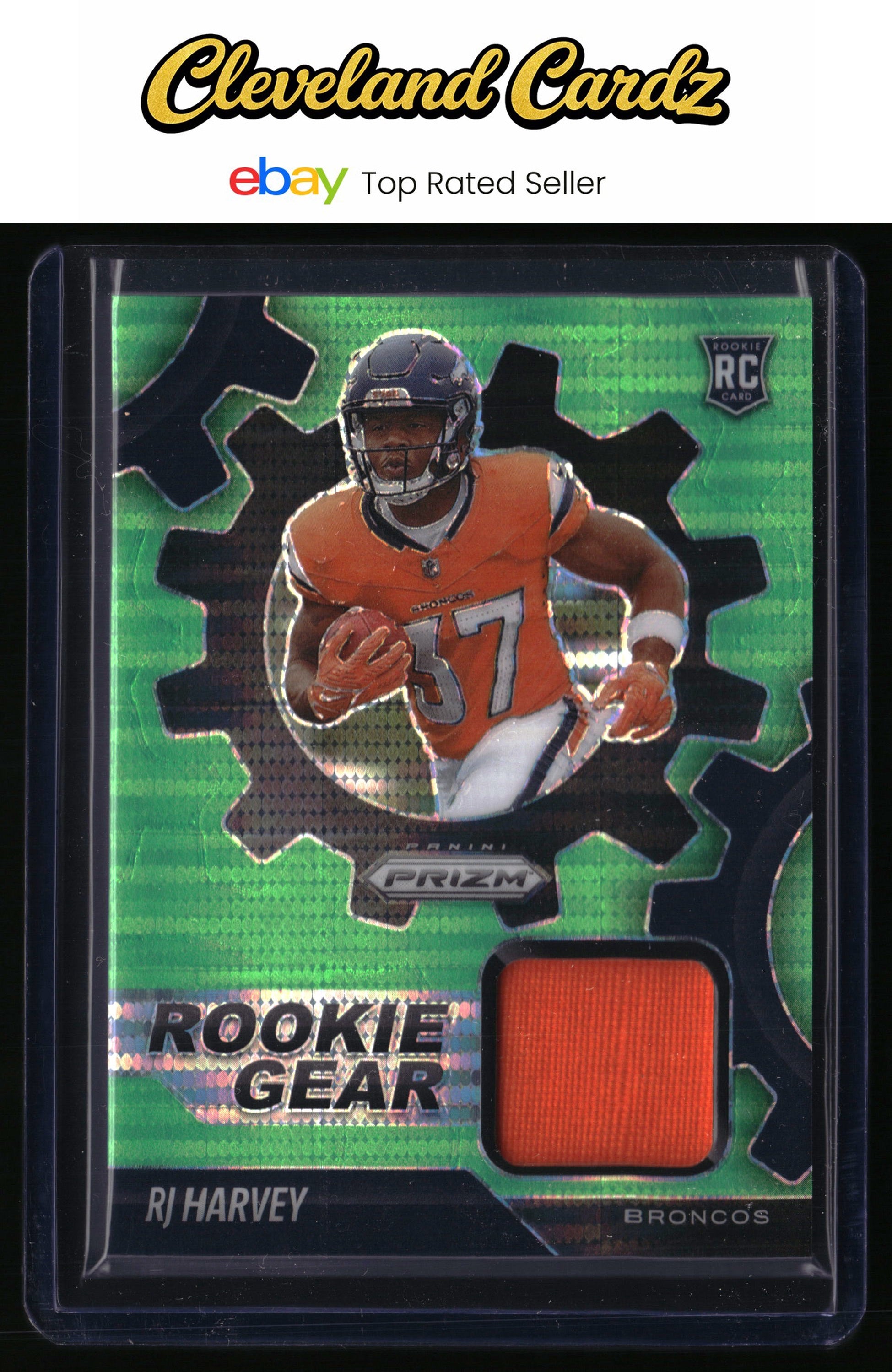 2025 Panini Prizm #RGR-RHY RJ Harvey Rookie Gear Neon Green Pulsar