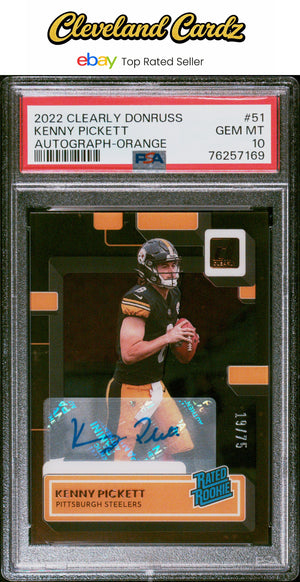 2022 Panini Clearly Donruss #51 Kenny Pickett Autograph-Orange #/75 PSA 10