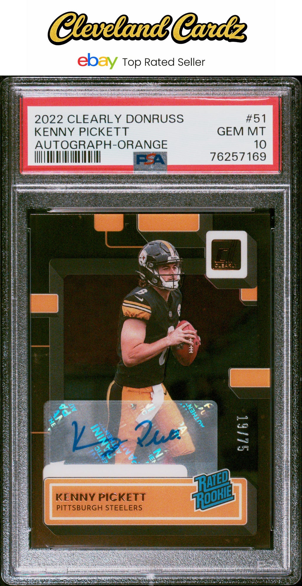 2022 Panini Clearly Donruss #51 Kenny Pickett Autograph-Orange #/75 PSA 10