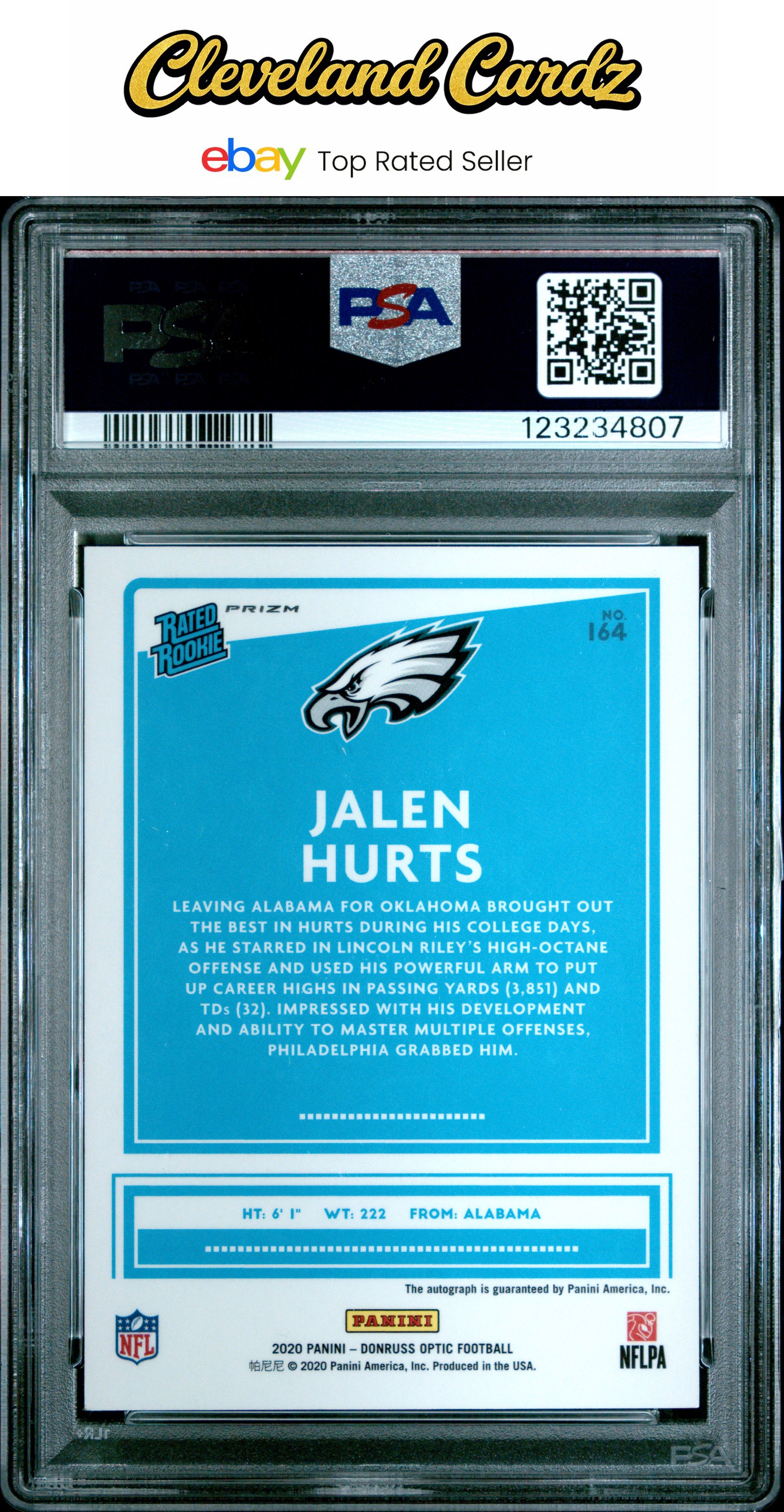 2020 Panini Donruss Optic #164 Jalen Hurts Autograph-Bronze PSA 8