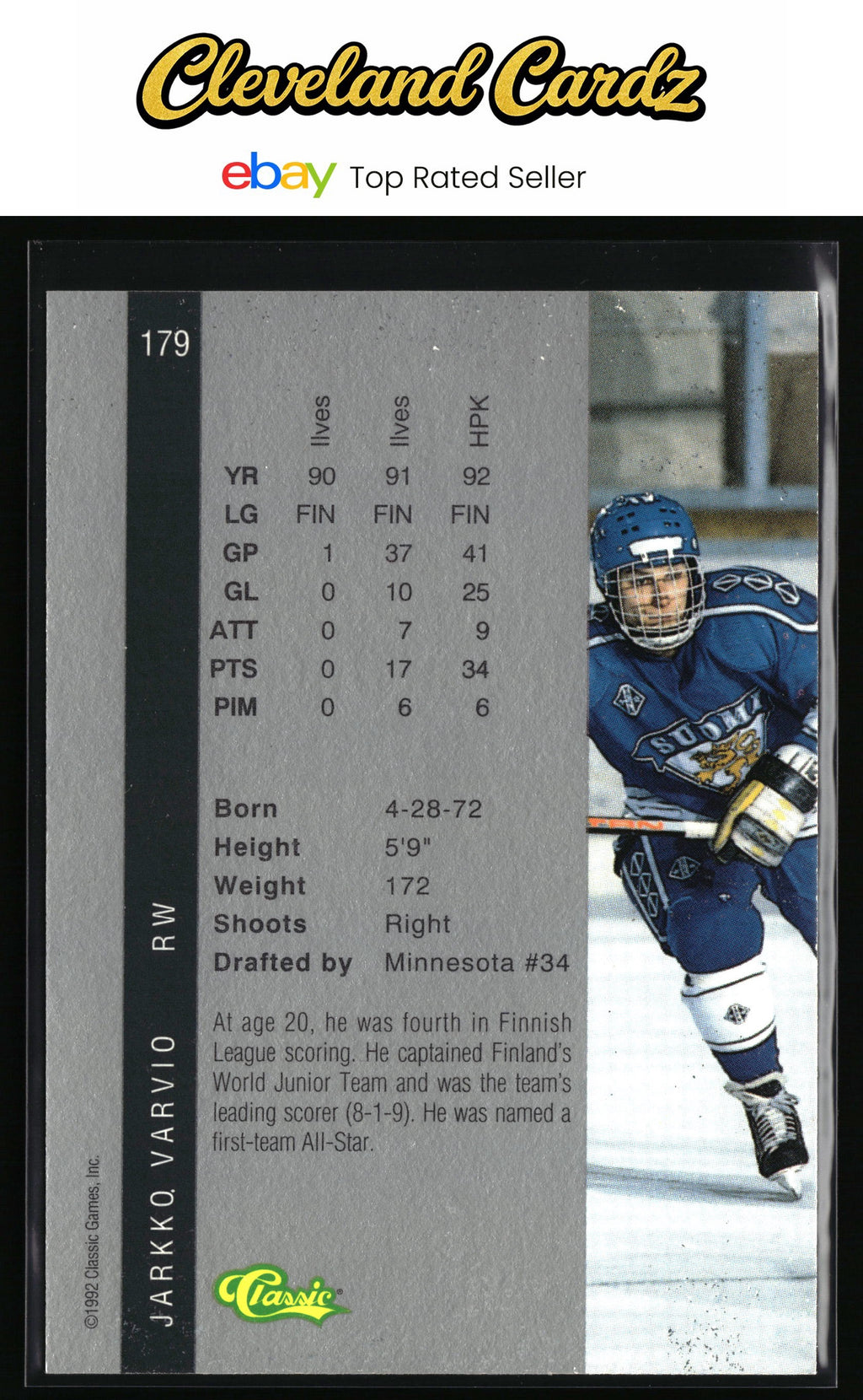 1992 Classic Four Sport #179 Jarkko Varvio