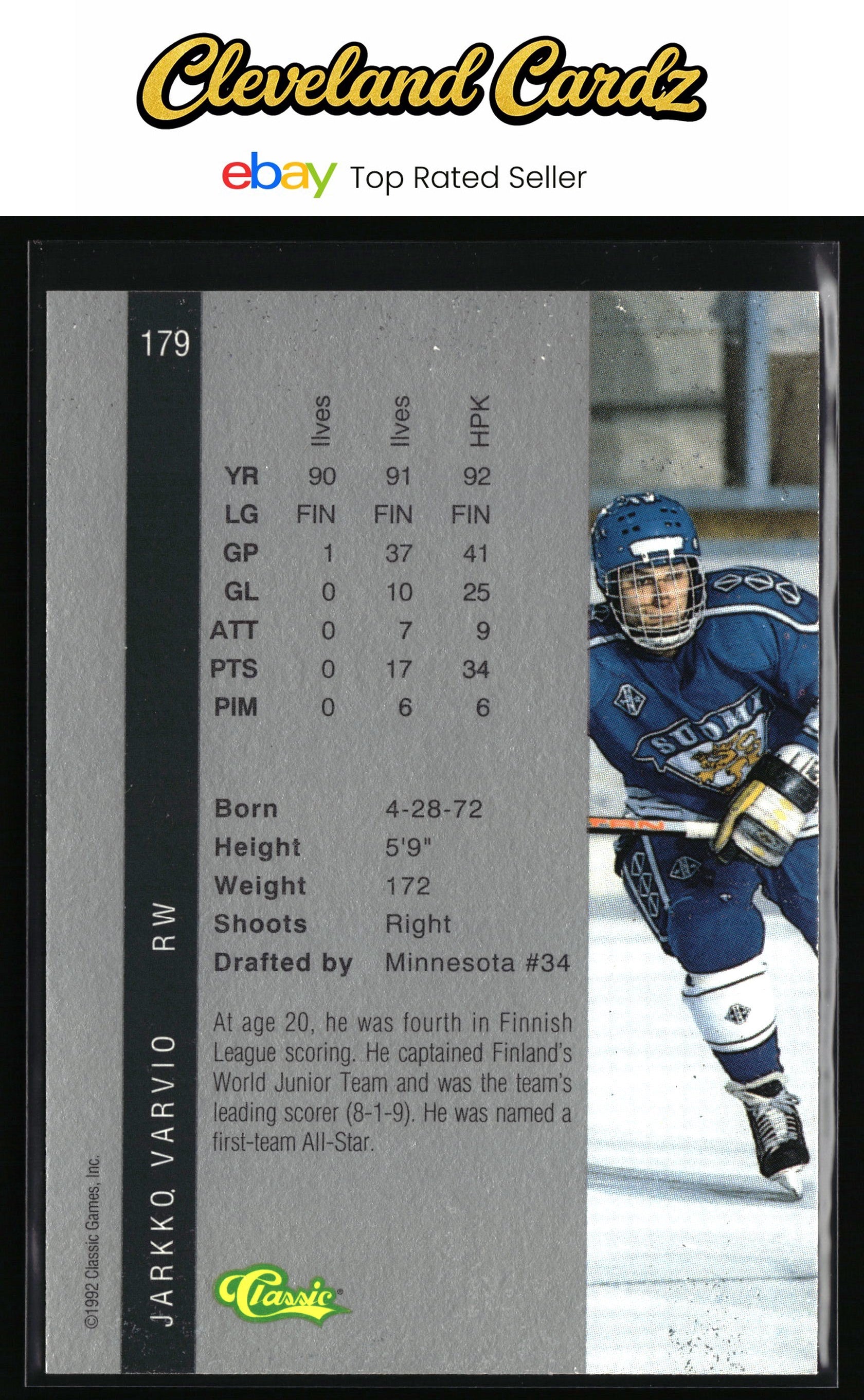 1992 Classic Four Sport #179 Jarkko Varvio