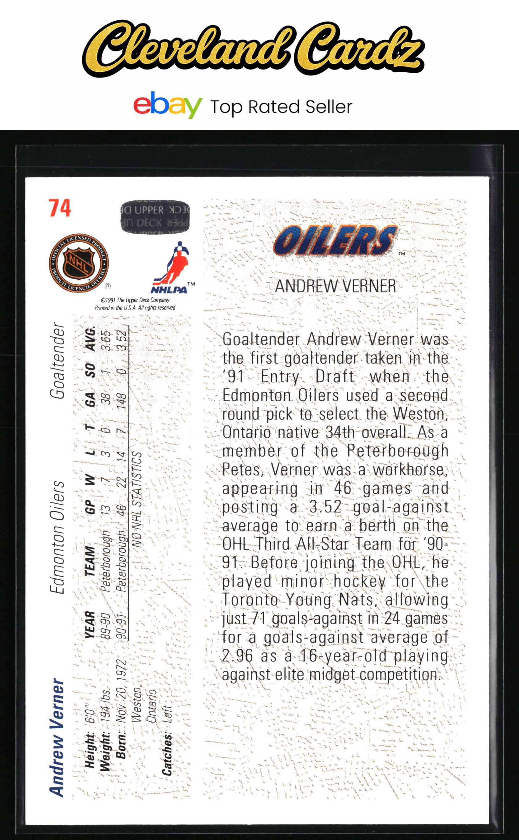 1991-92 Upper Deck #74 Andrew Verner
