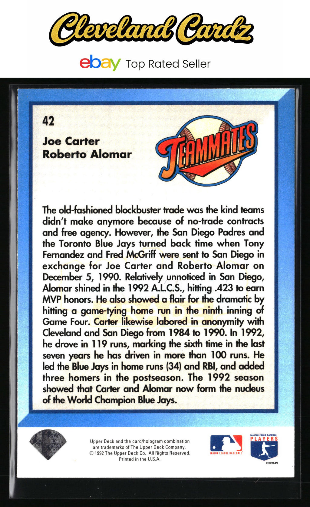 1993 Upper Deck #42 BlockBuster Trade (Roberto Alomar / Joe Carter)