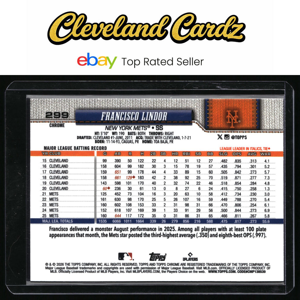 2026 Topps Chrome #299 Francisco Lindor Aqua Refractors #/199