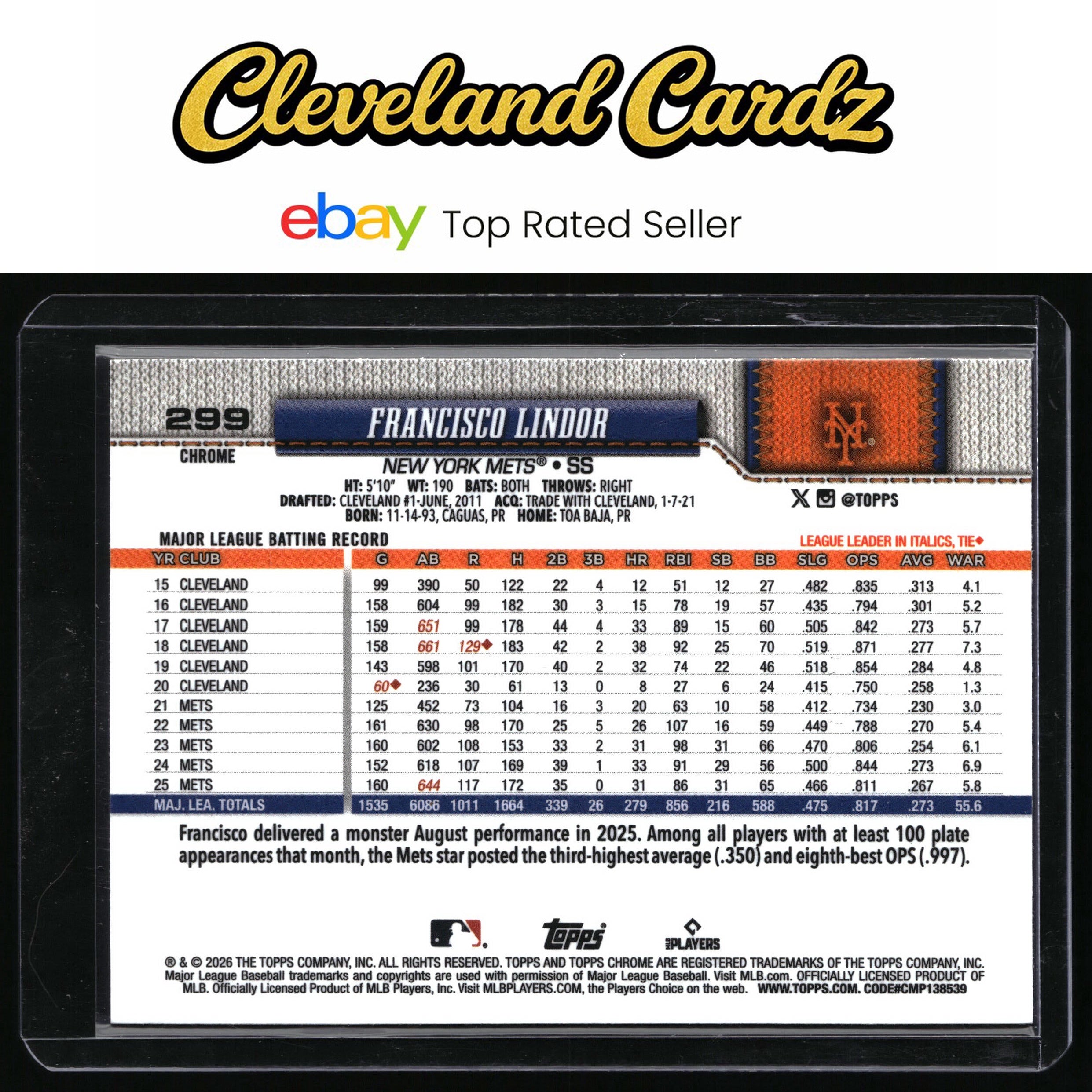 2026 Topps Chrome #299 Francisco Lindor Aqua Refractors #/199
