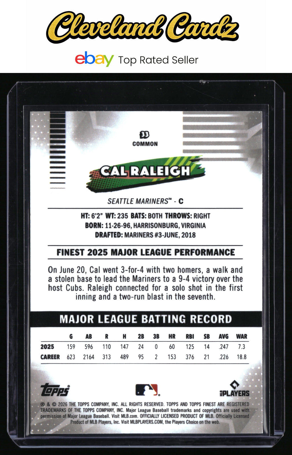 2026 Finest #33 Cal Raleigh Purple Refractors #/75 *Bookend*