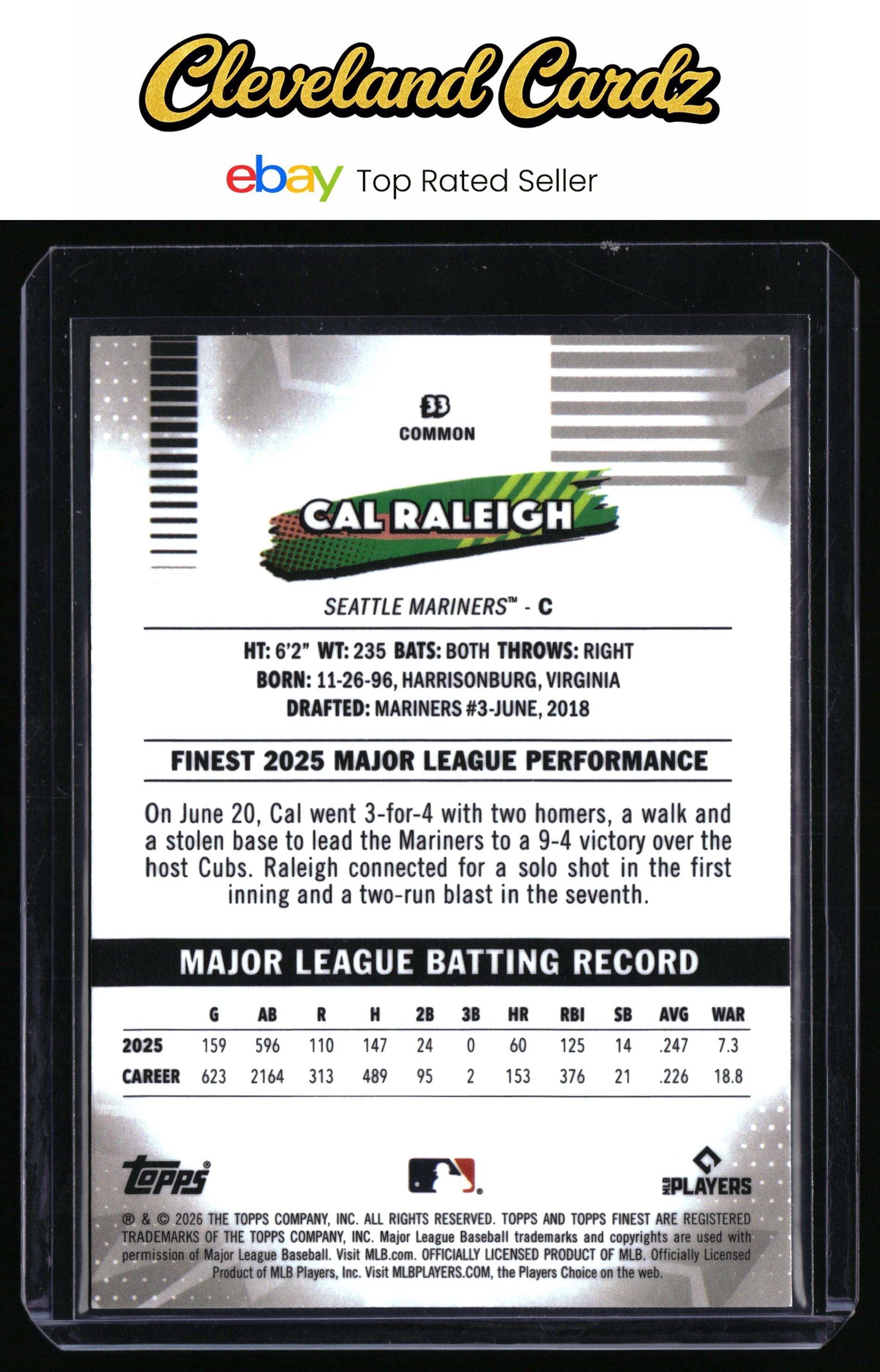 2026 Finest #33 Cal Raleigh Purple Refractors #/75 *Bookend*
