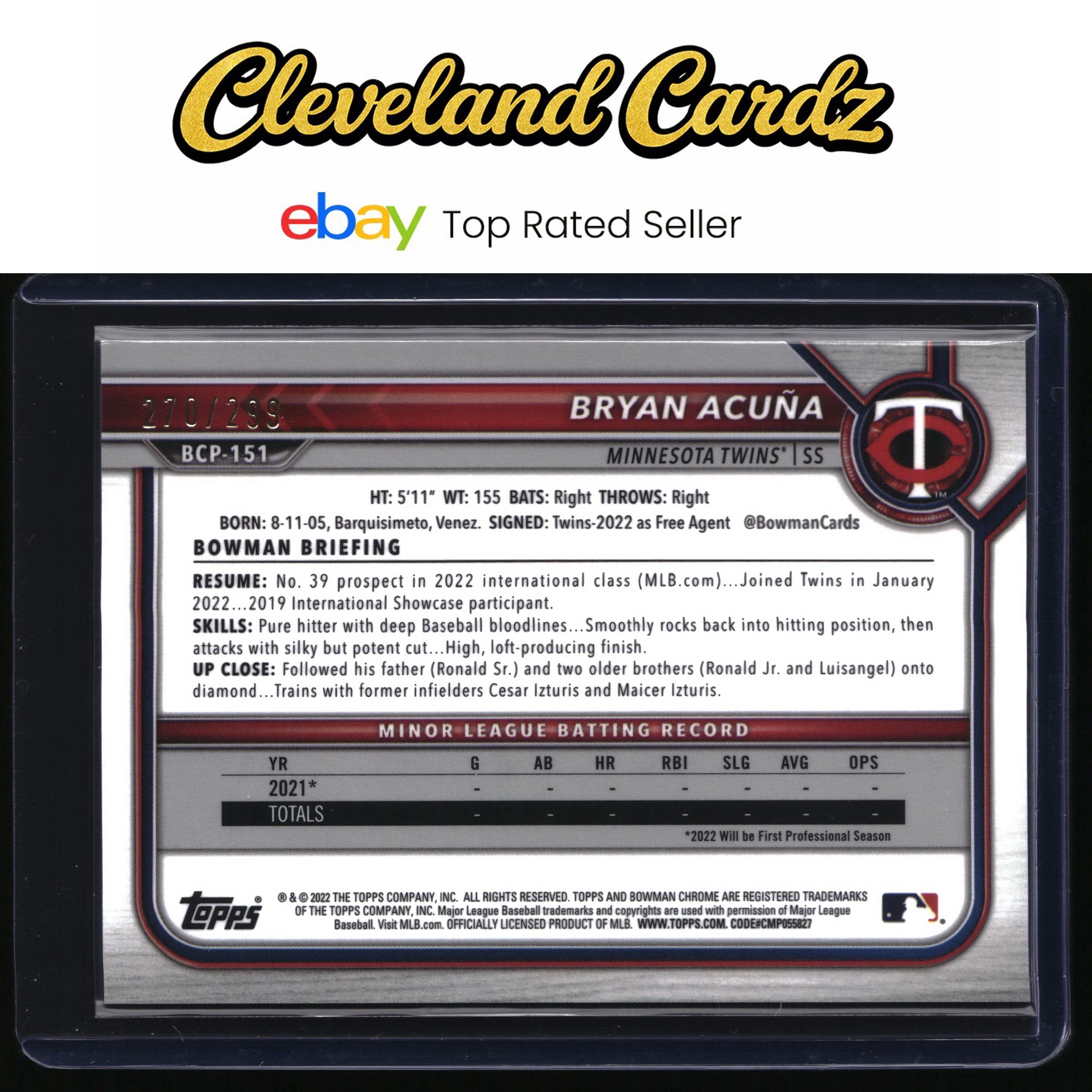 2022 Bowman Chrome #BCP-151 Bryan Acuña Prospects Speckle Refractor #/299
