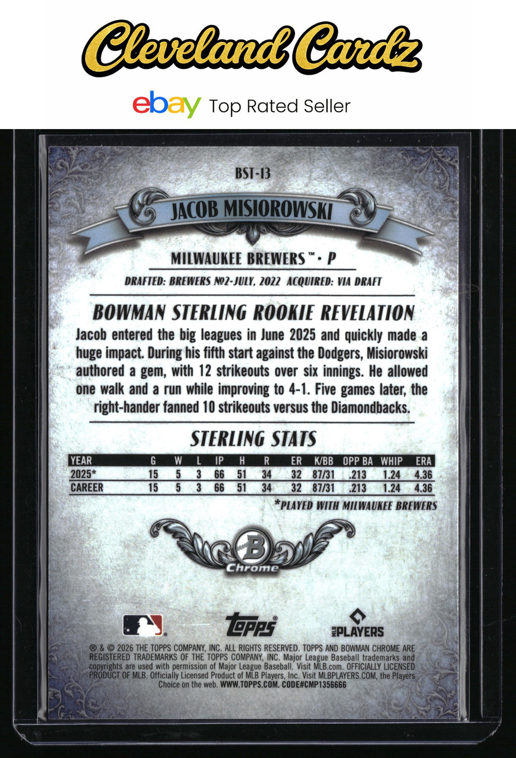 2026 Bowman #BST-13 Jacob Misiorowski Bowman Sterling Mojo Refractors
