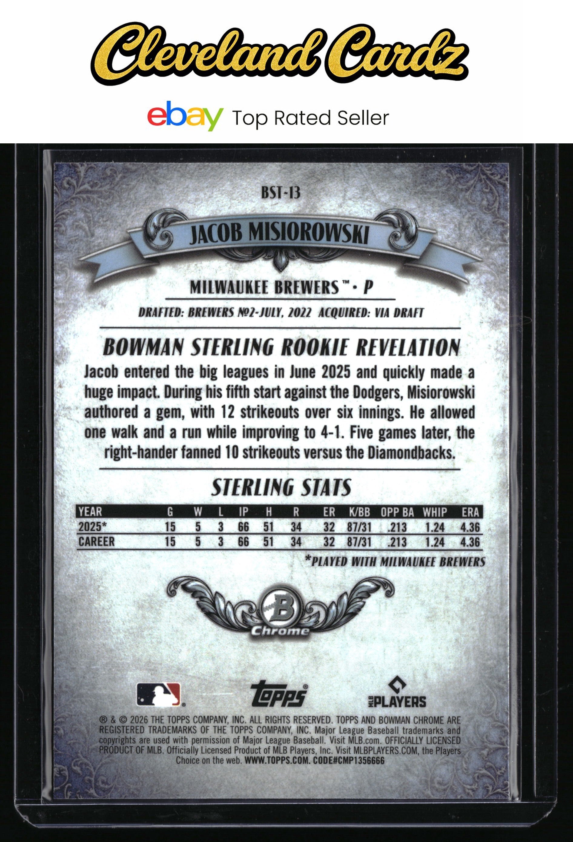 2026 Bowman #BST-13 Jacob Misiorowski Bowman Sterling Mojo Refractors