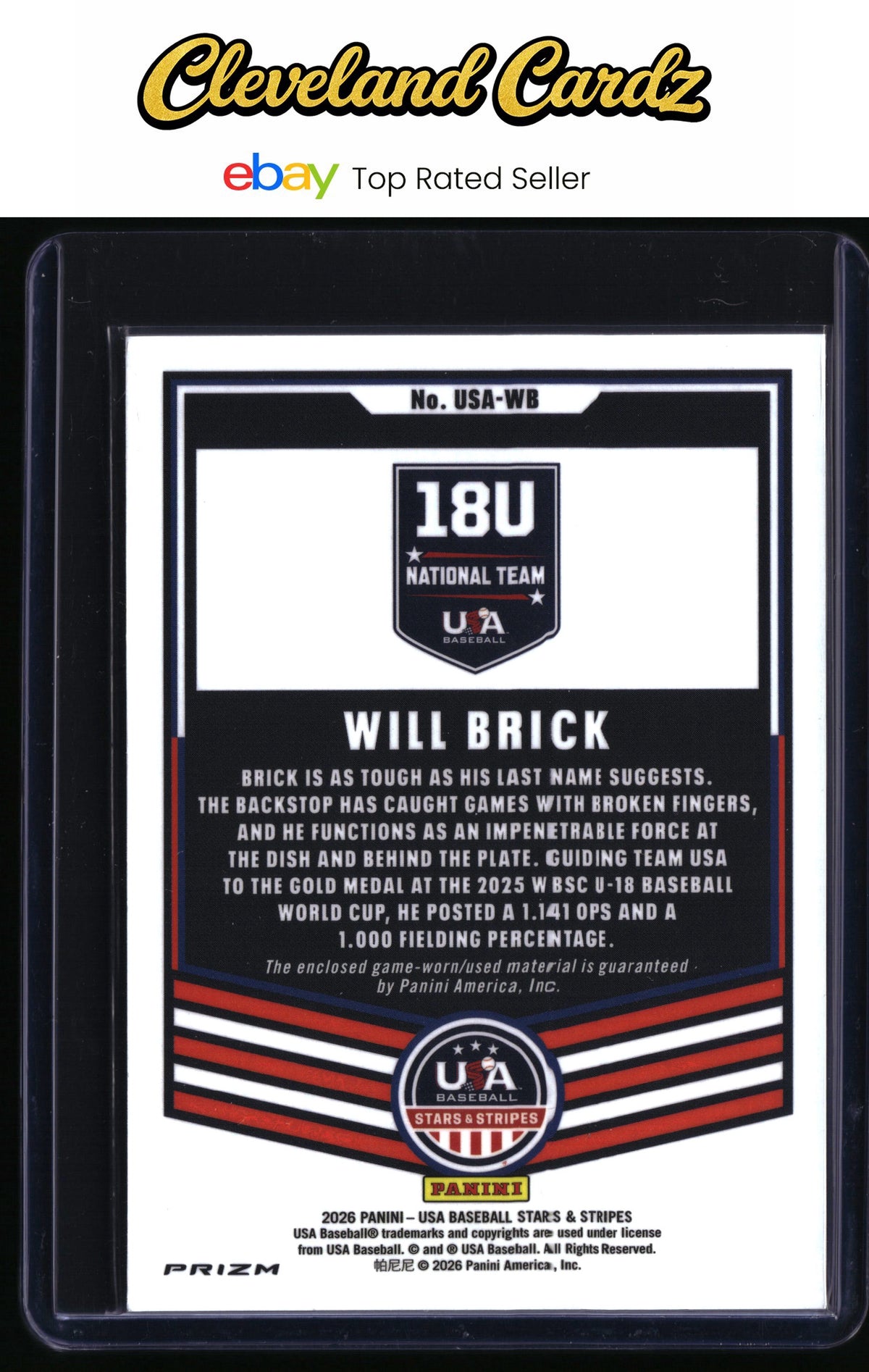 2025 Panini Stars & Stripes USA Baseball #USA-WB Will Brick NT Materials