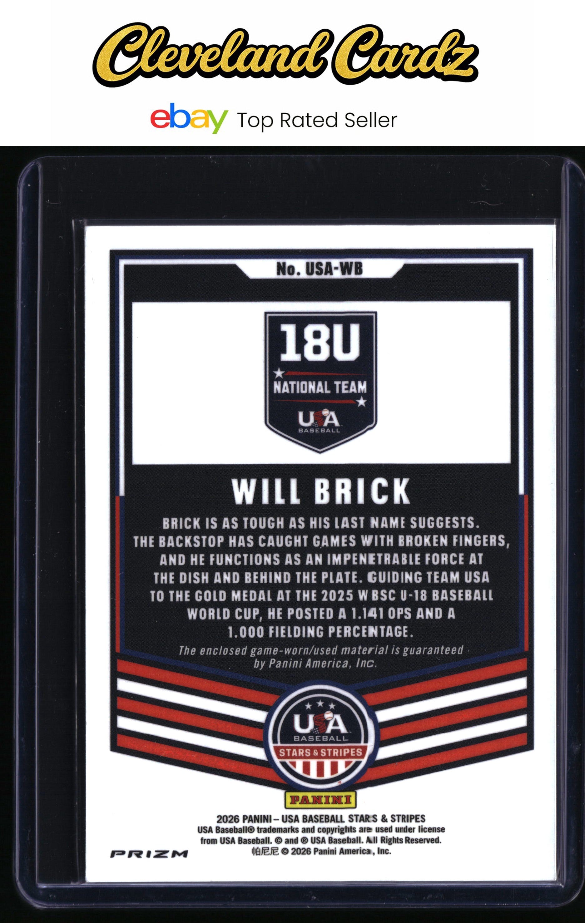2025 Panini Stars & Stripes USA Baseball #USA-WB Will Brick NT Materials