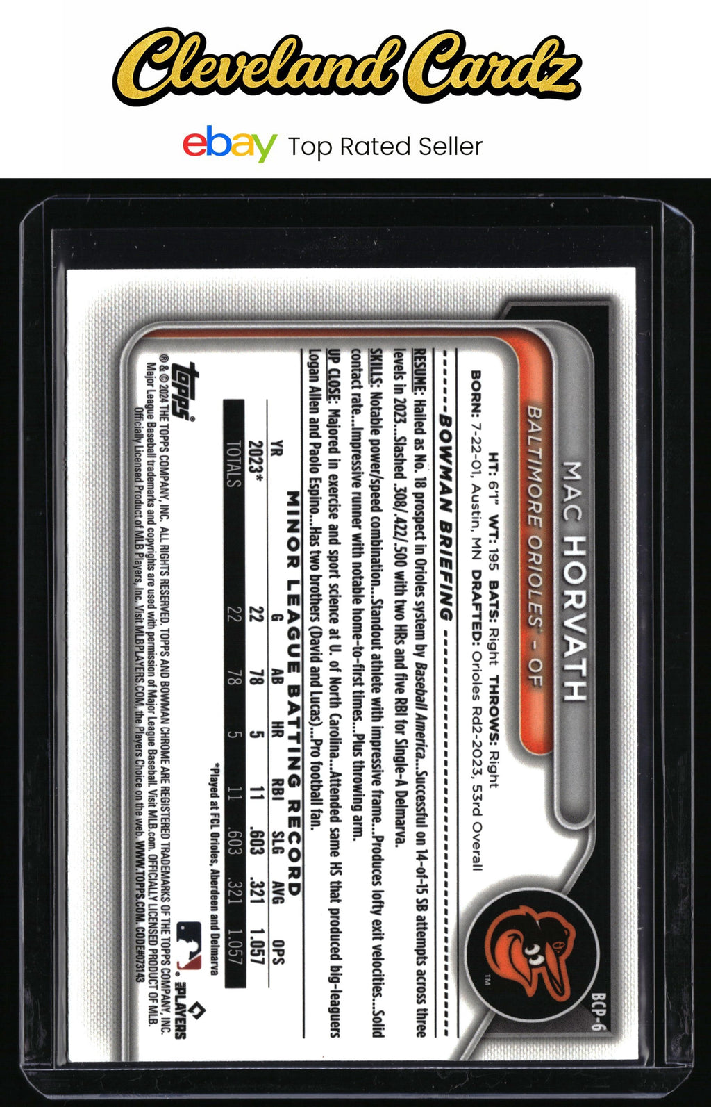 2024 Bowman #BCP-6 Mac Horvath Chrome Prospects Refractors #/499