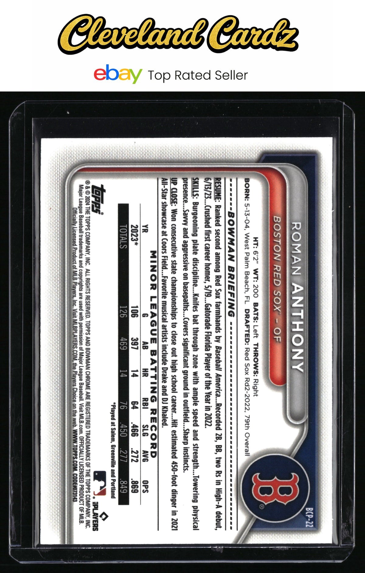 2024 Bowman #BCP-22 Roman Anthony Chrome Prospects Lunar Glow Refractors