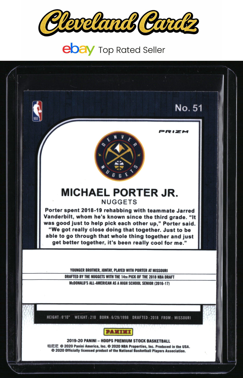 2019-20 Hoops Premium Stock #51 Michael Porter Jr. Prizms Blue Cracked Ice