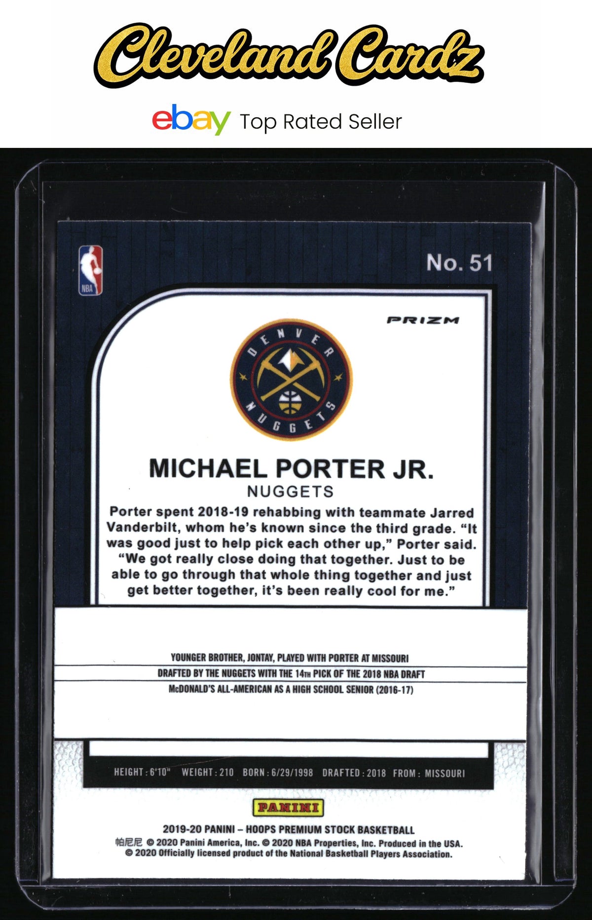 2019-20 Hoops Premium Stock #51 Michael Porter Jr. Prizms Blue Cracked Ice