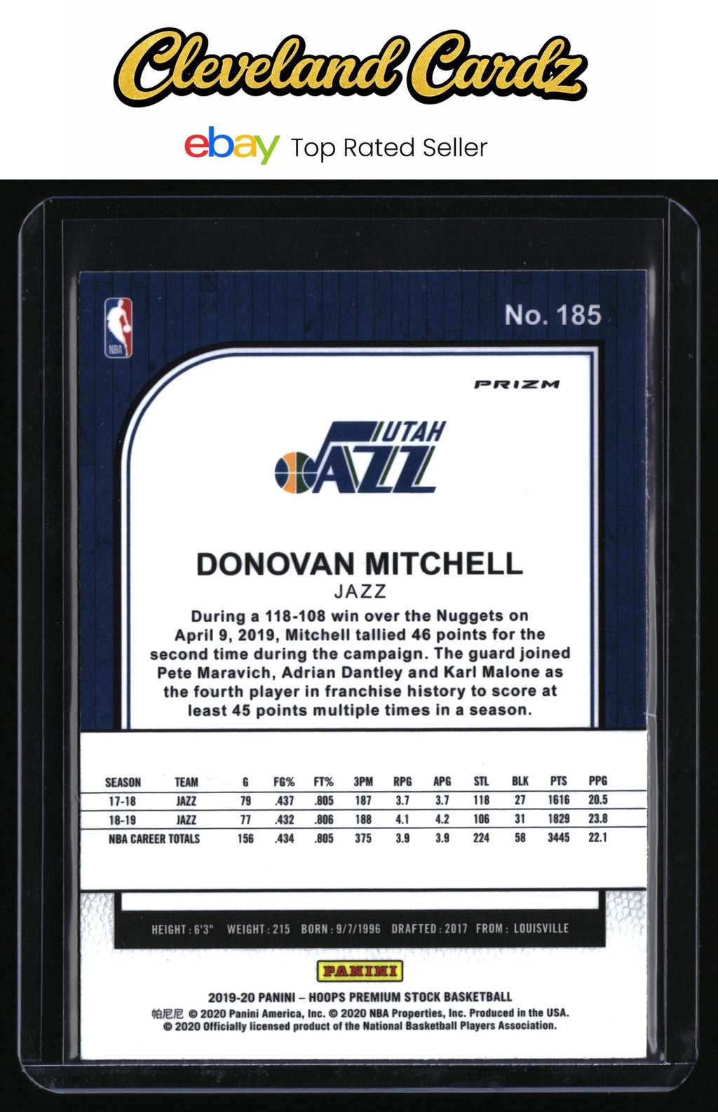 2019-20 Hoops Premium Stock #185 Donovan Mitchell Prizms Purple Disco