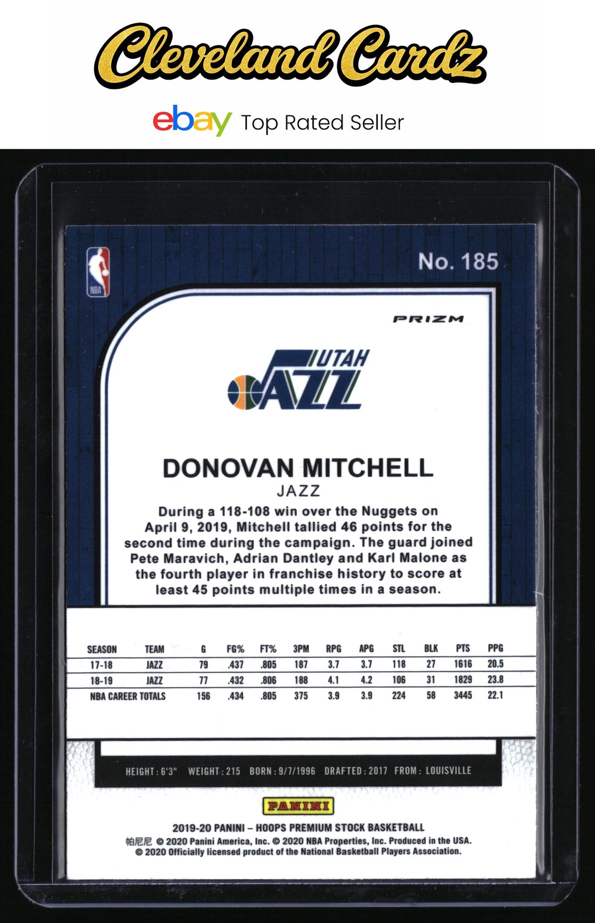 2019-20 Hoops Premium Stock #185 Donovan Mitchell Prizms Purple Disco