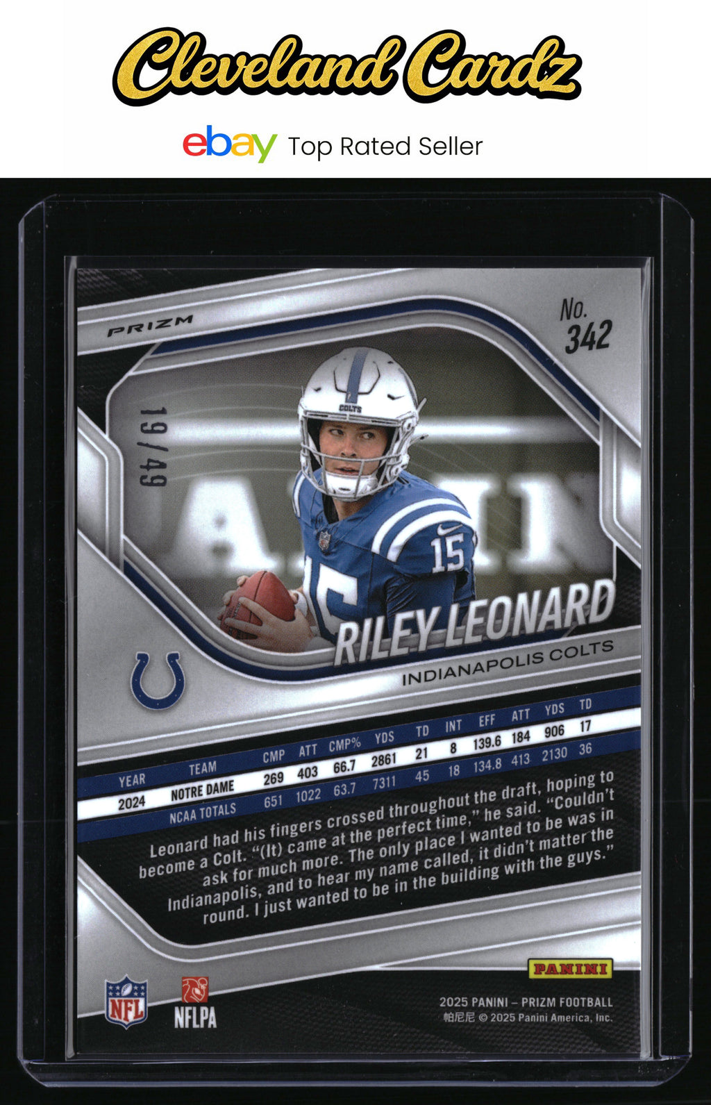 2025 Panini Prizm #342 Riley Leonard Purple Power #/49