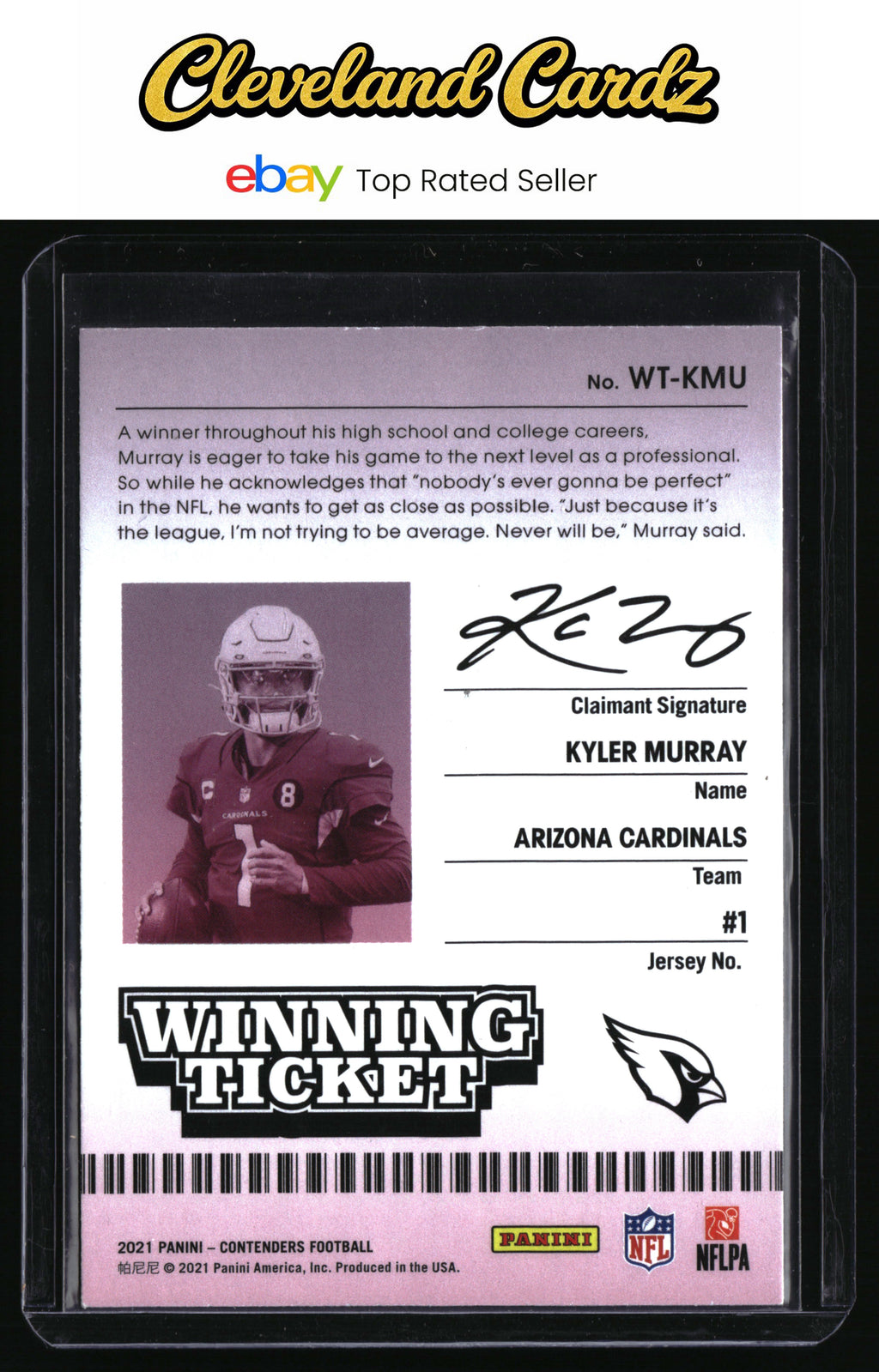 2021 Panini Contenders #WT-KMU Kyler Murray Winning Ticket Emerald
