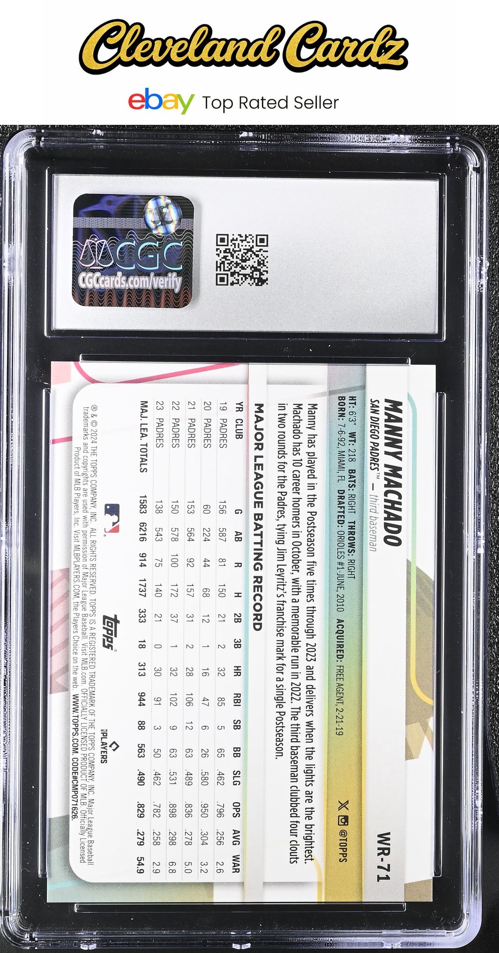 2024 Big League #WR-71 Manny Machado Wrapper Redemptions CGC 10