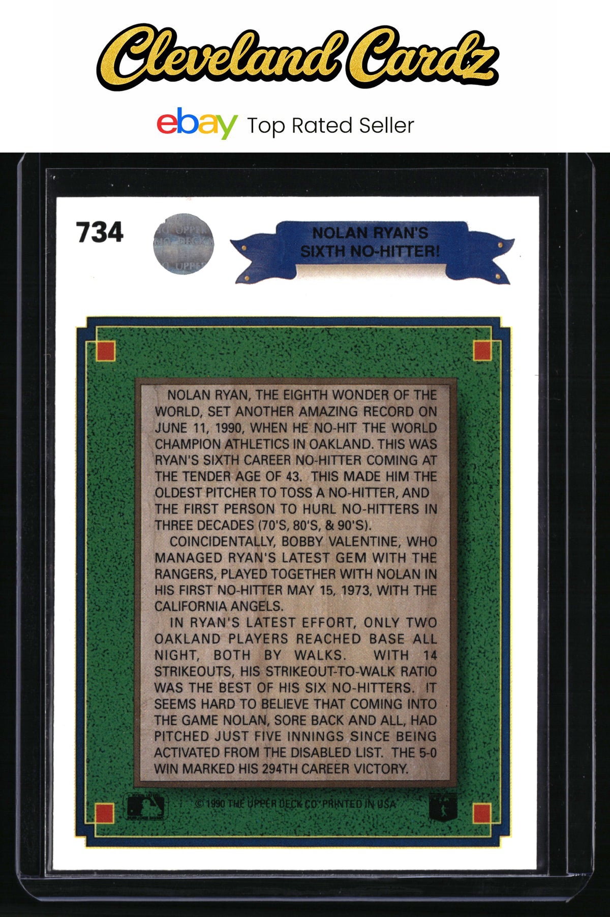 1990 Upper Deck #734b Nolan Ryan : 300th Win banner on front