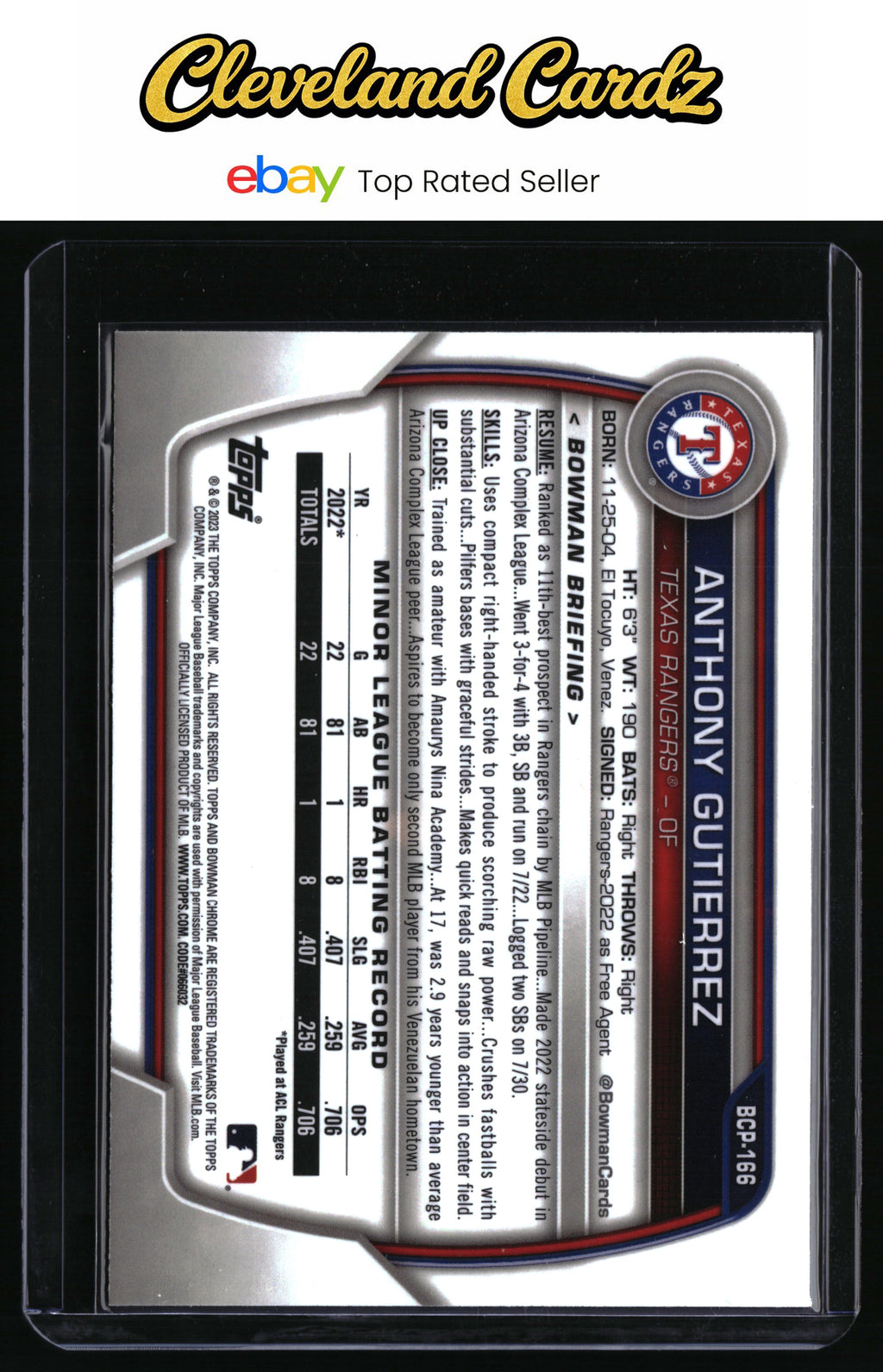 2023 Bowman Chrome #BCP-166 Anthony Gutierrez Prospects Mojo Refractor