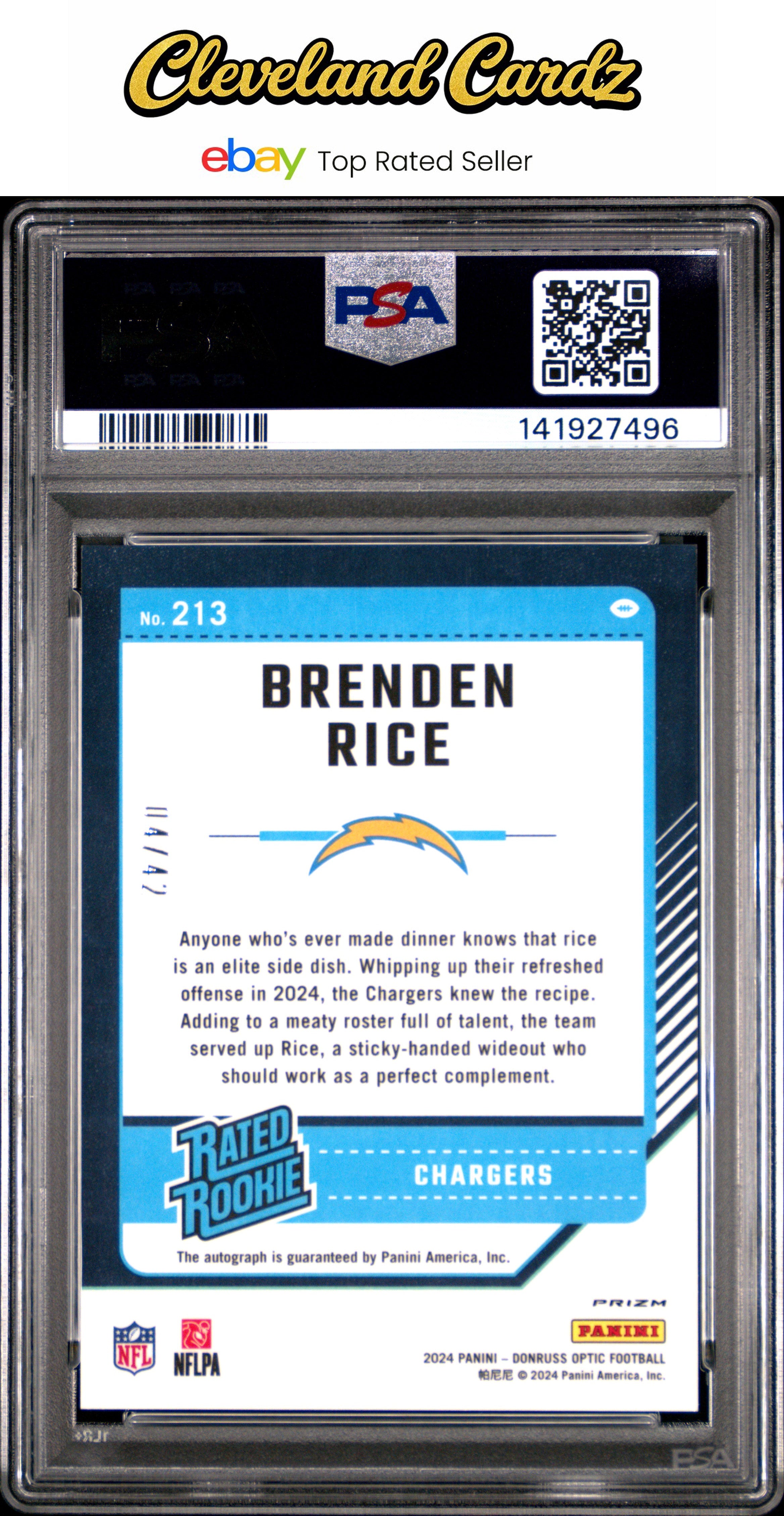 2024 Panini Donruss Optic #213 Brenden Rice Autograph-Purple Stars PSA 9
