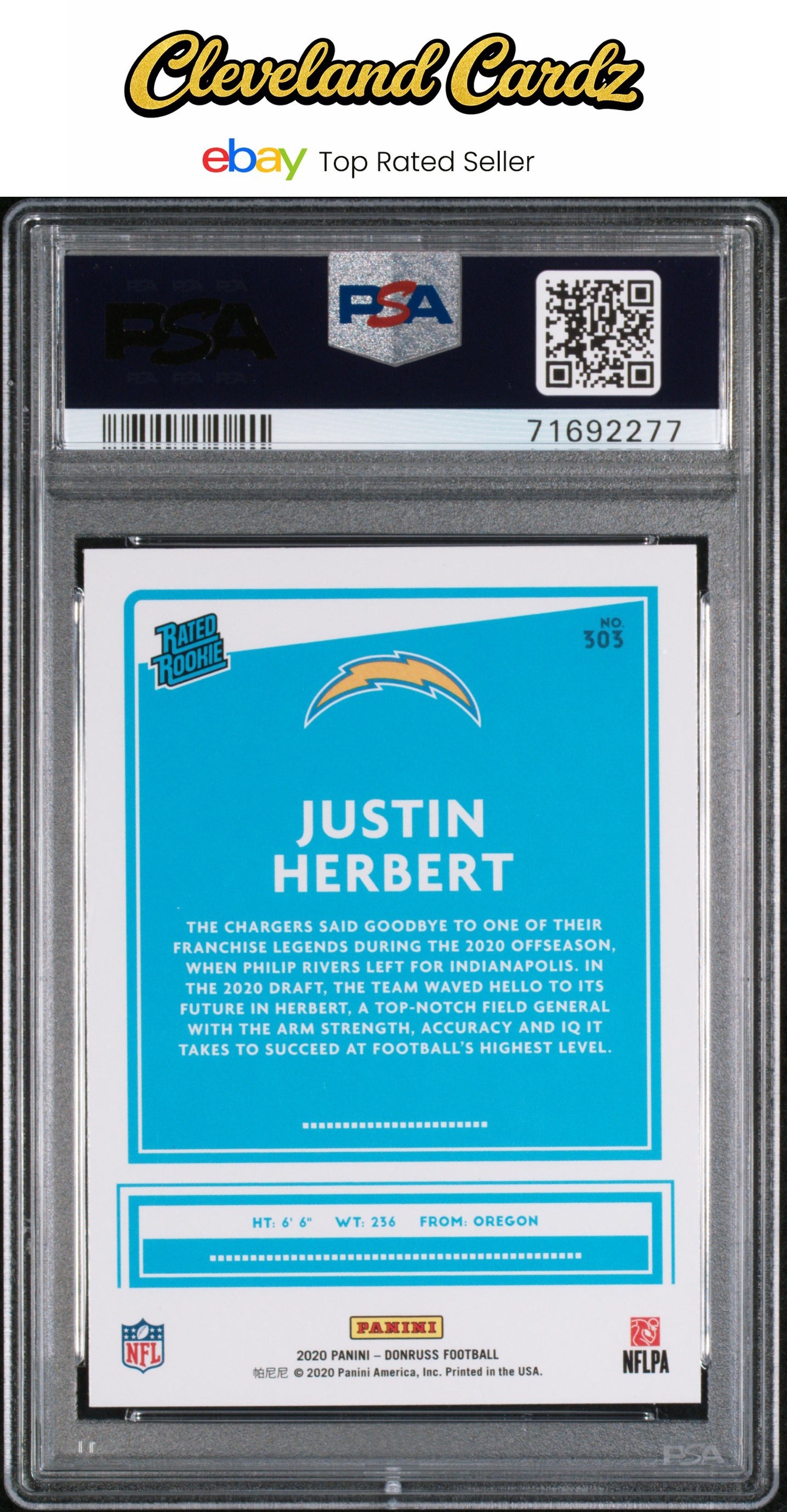 2020 Panini Donruss #303 Justin Herbert Blue Press Proof PSA 9