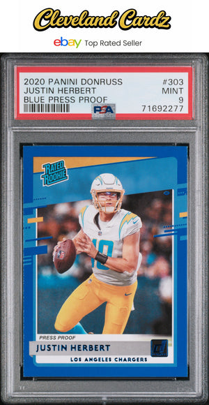 2020 Panini Donruss #303 Justin Herbert Blue Press Proof PSA 9