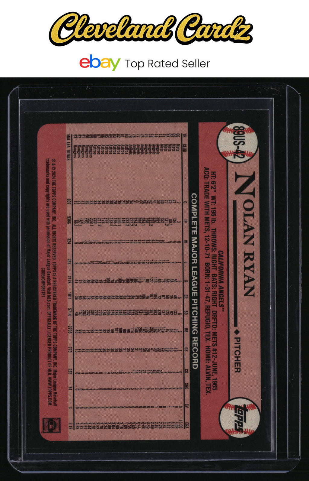 2024 Topps Update #89US-42 Nolan Ryan 1989 Topps Baseball 35th Anniversary
