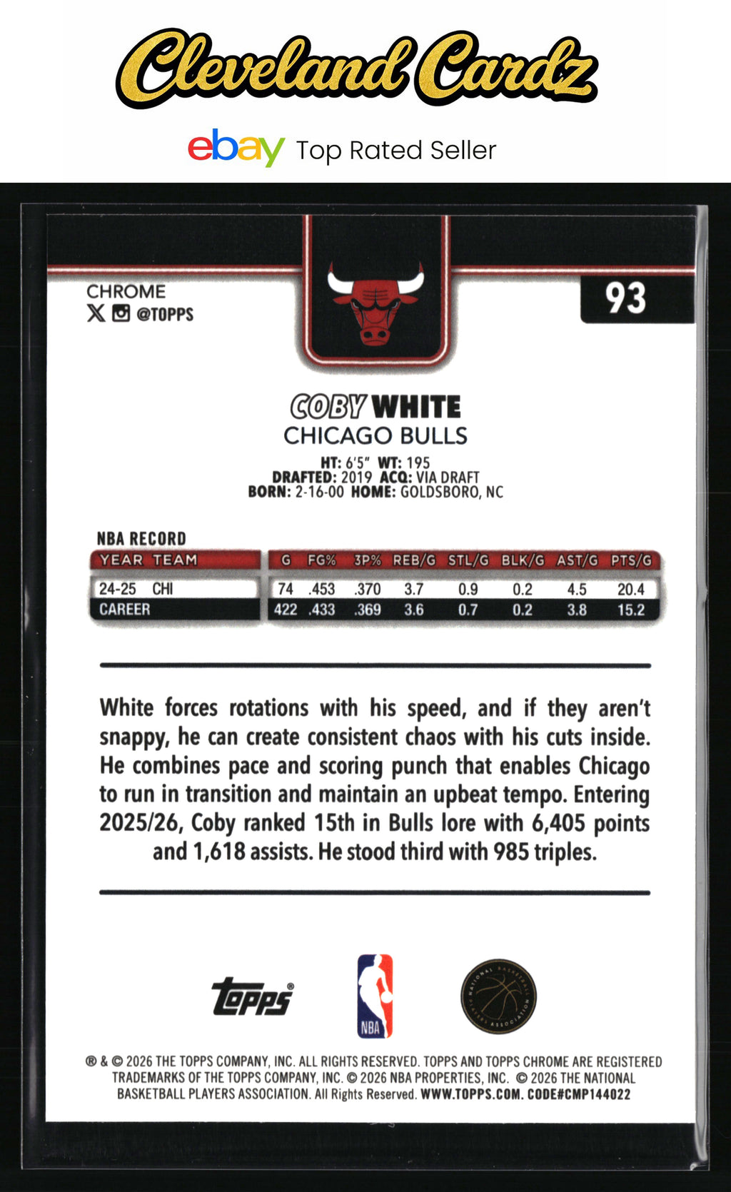 2025-26 Topps Chrome Update #93 Coby White Red White and Blue Refractor