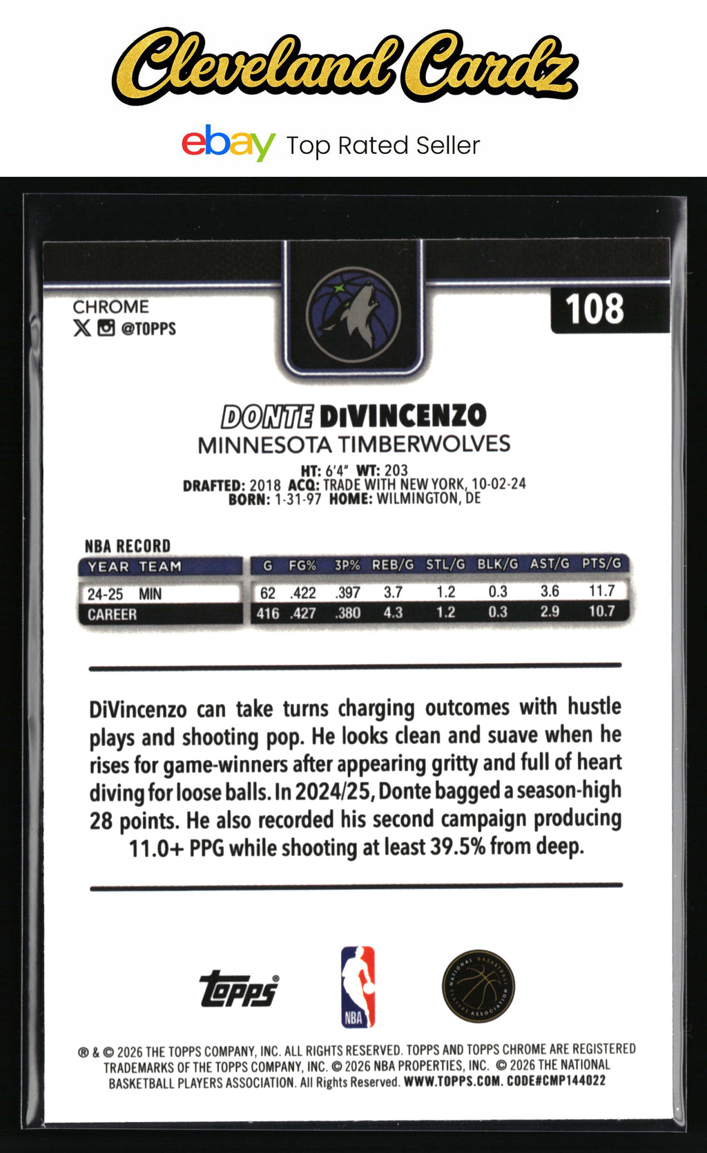 2025-26 Topps Chrome Update #108 Donte DiVincenzo Red White and Blue Refractor