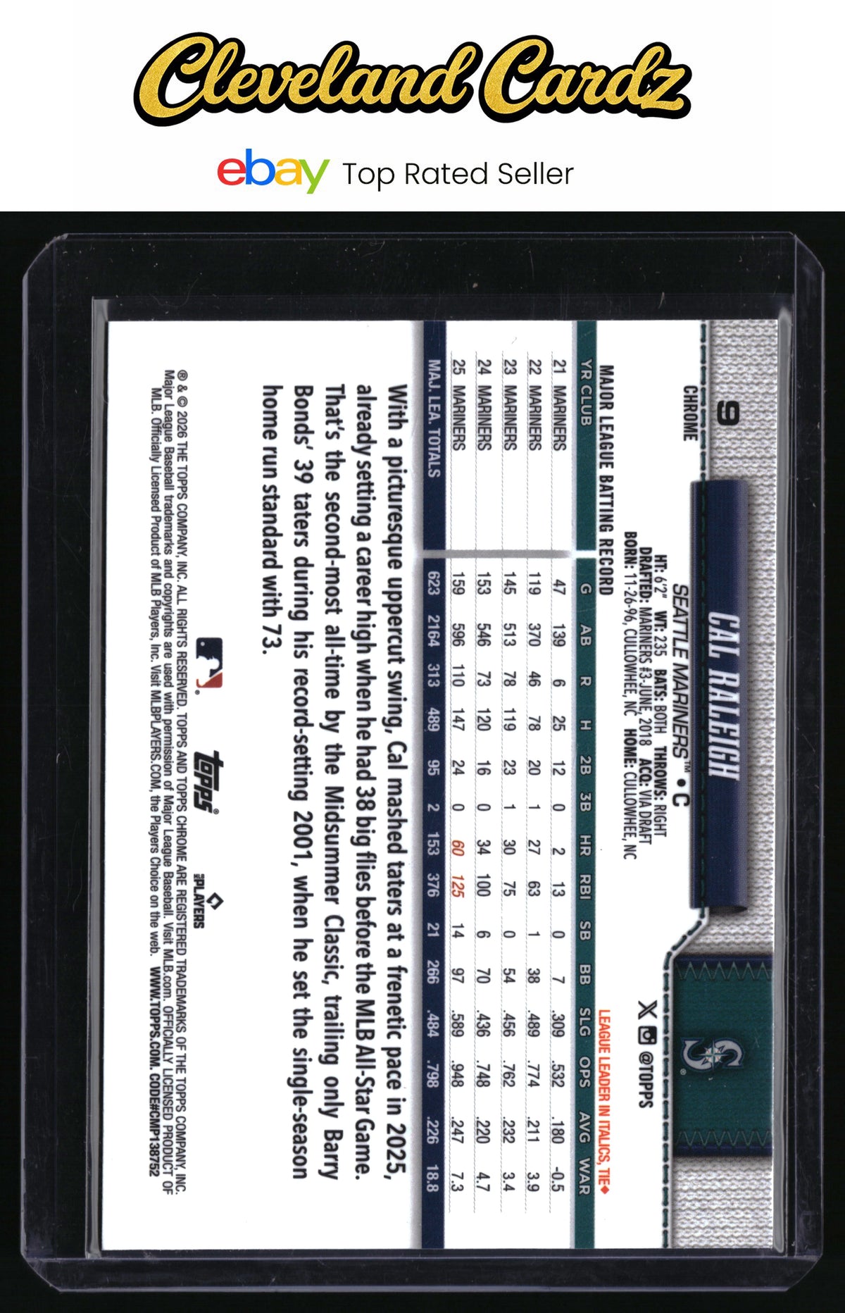 2026 Topps Chrome #9 Cal Raleigh Refractors Image Variation SP