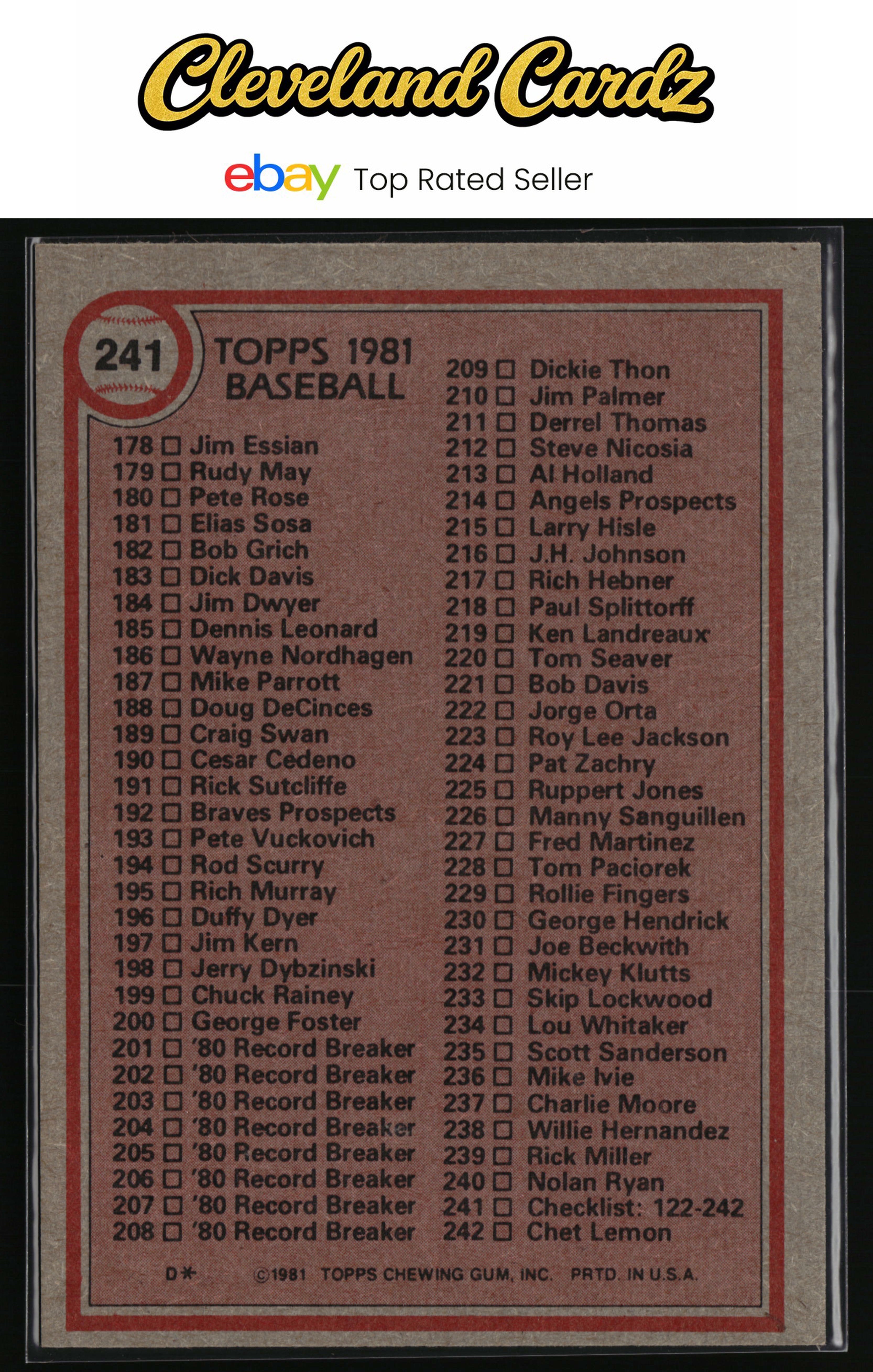 1981 Topps #241 Checklist: 122-242