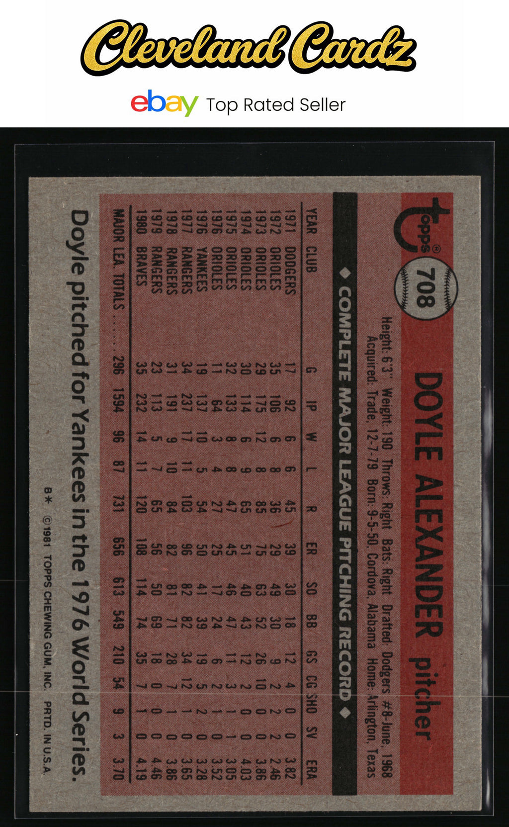 1981 Topps #708 Doyle Alexander
