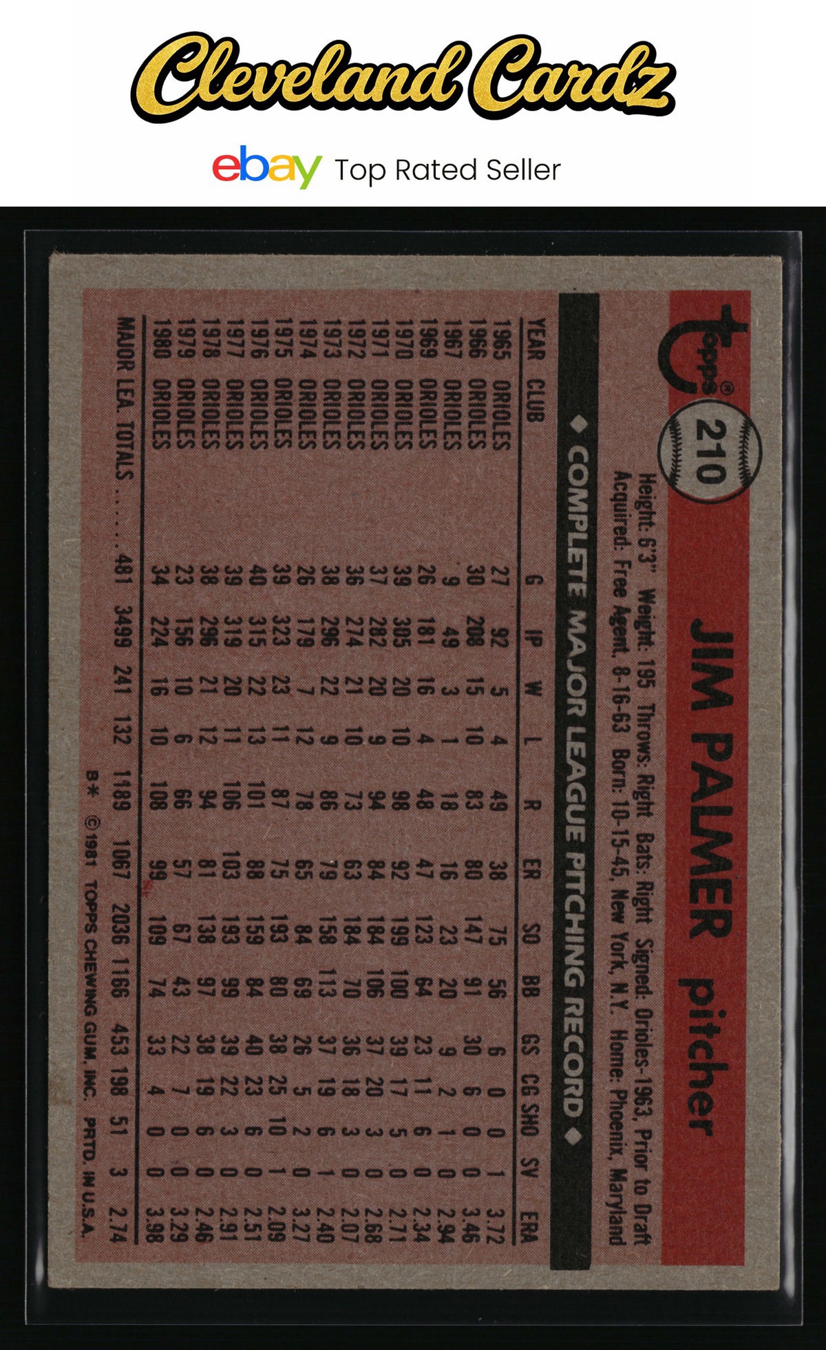 1981 Topps #210 Jim Palmer