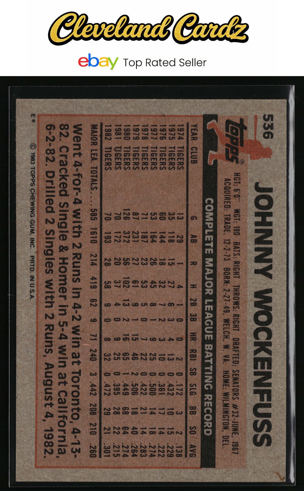 1983 Topps #536 Johnny Wockenfuss