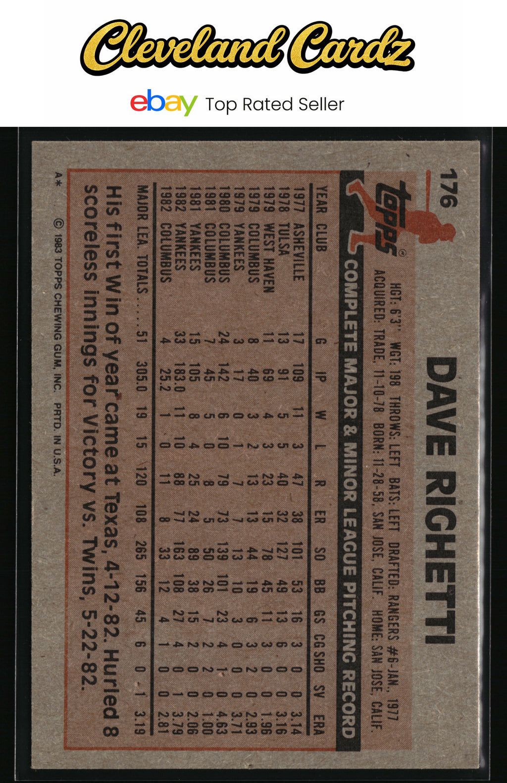 1983 Topps #176 Dave Righetti