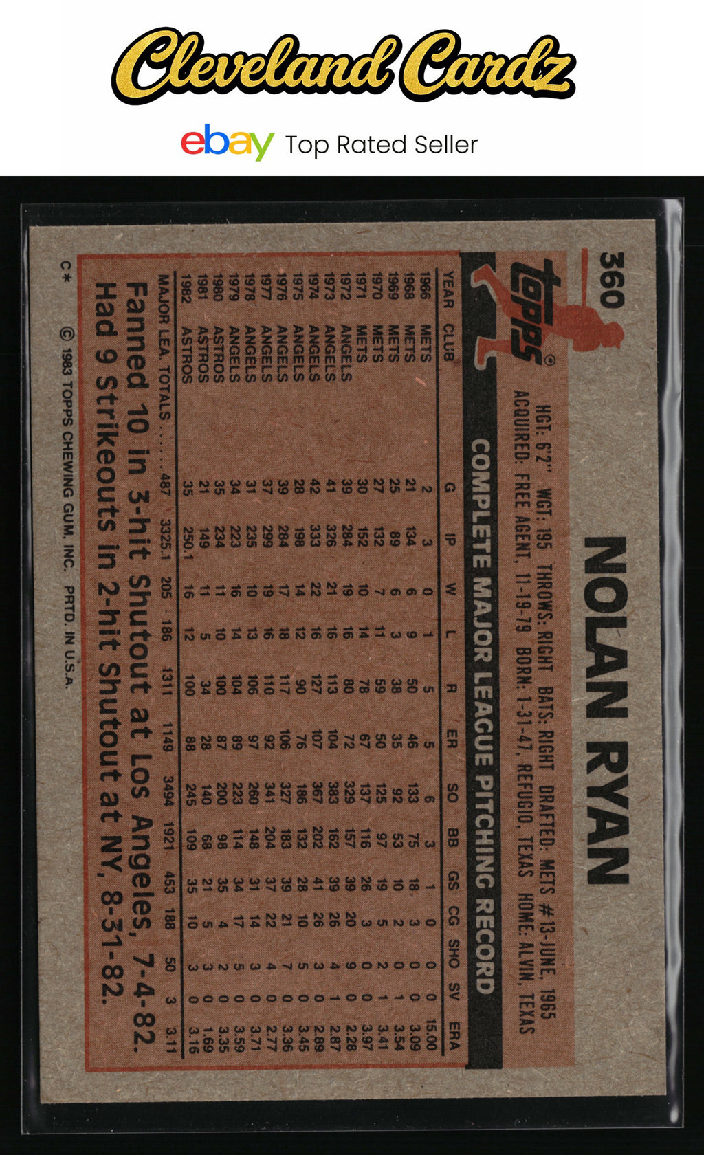 1983 Topps #360 Nolan Ryan
