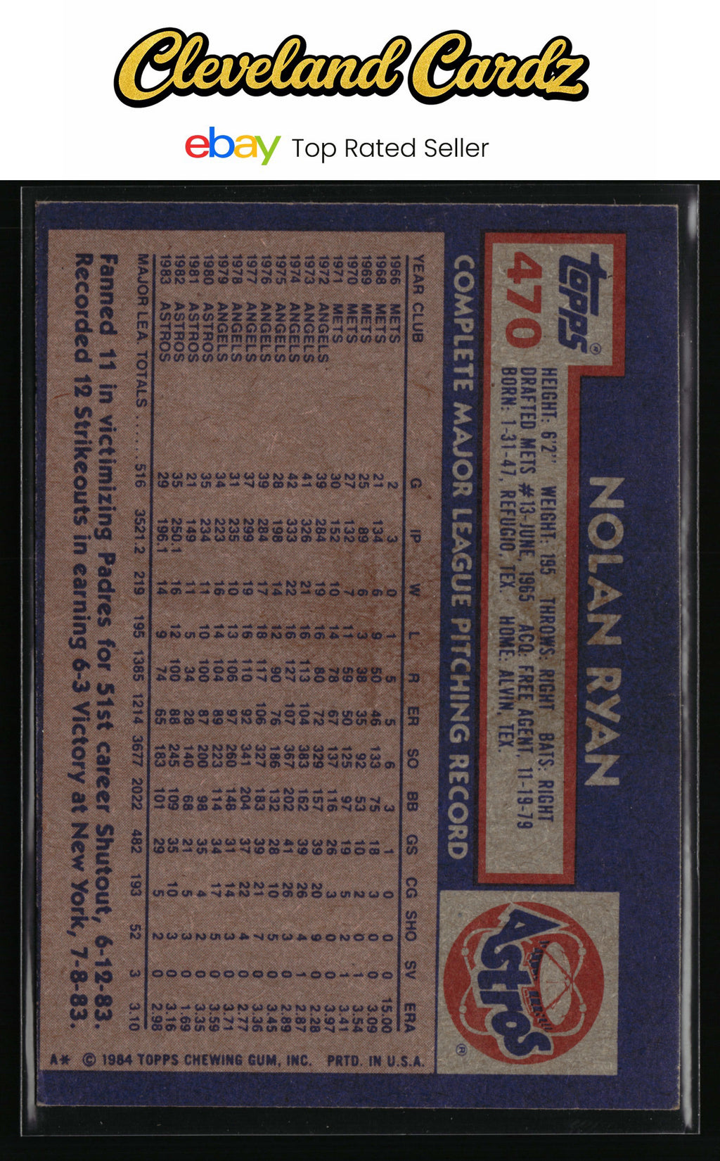 1984 Topps #470 Nolan Ryan