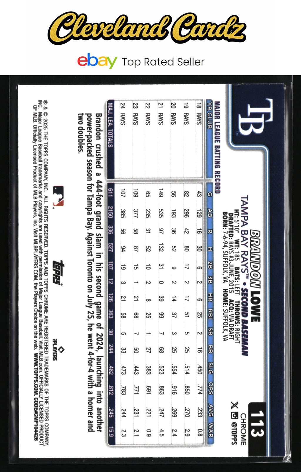 2025 Topps Chrome #113 Brandon Lowe RayWave Refractors