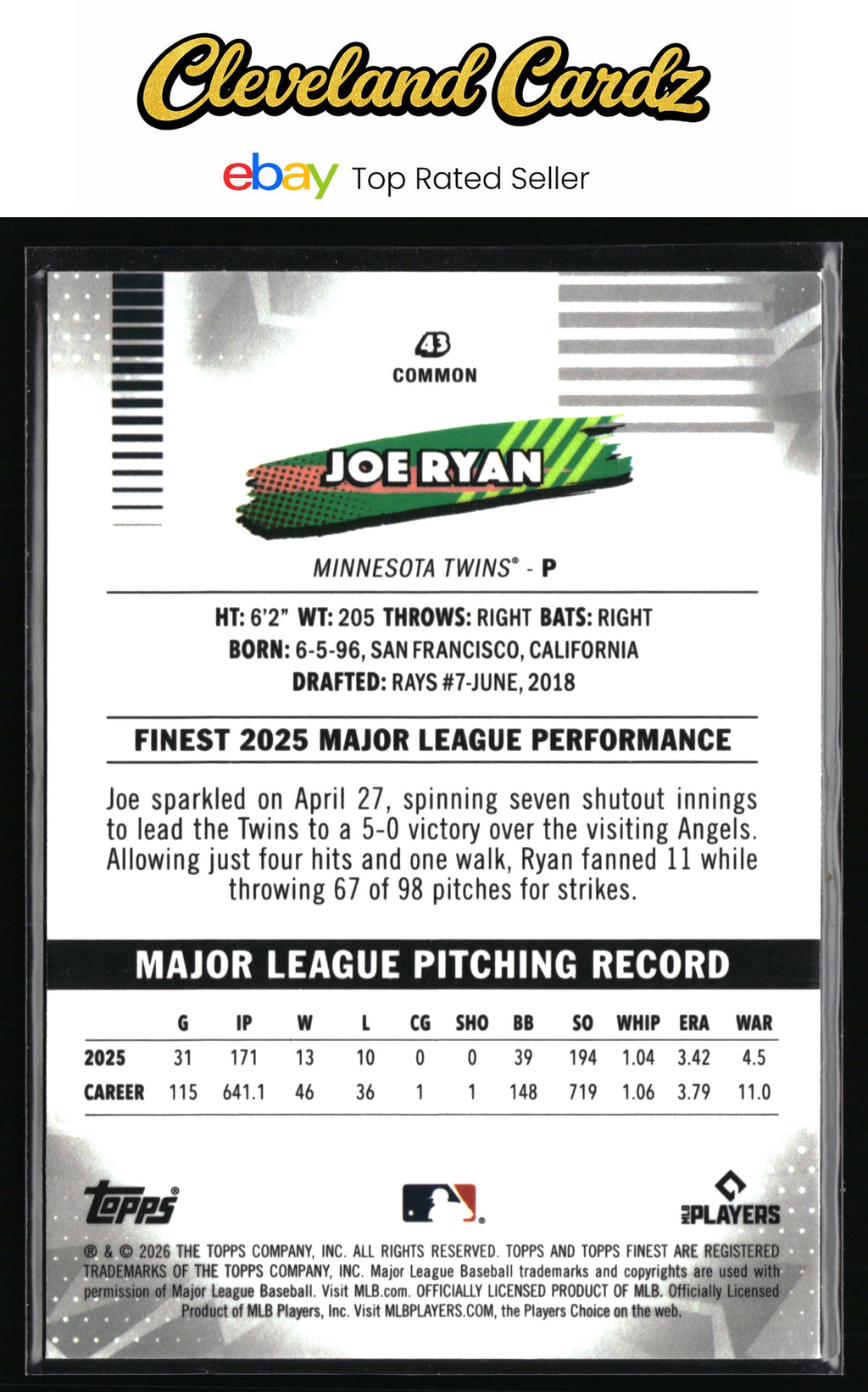 2026 Finest #43 Joe Ryan Mini-Diamond Refractors