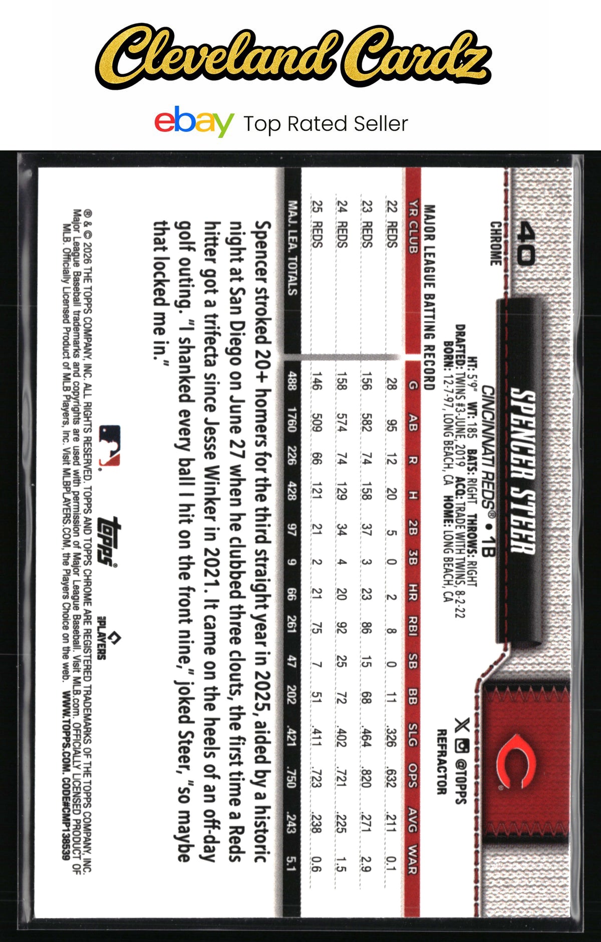 2026 Topps Chrome #40 Spencer Steer Refractors