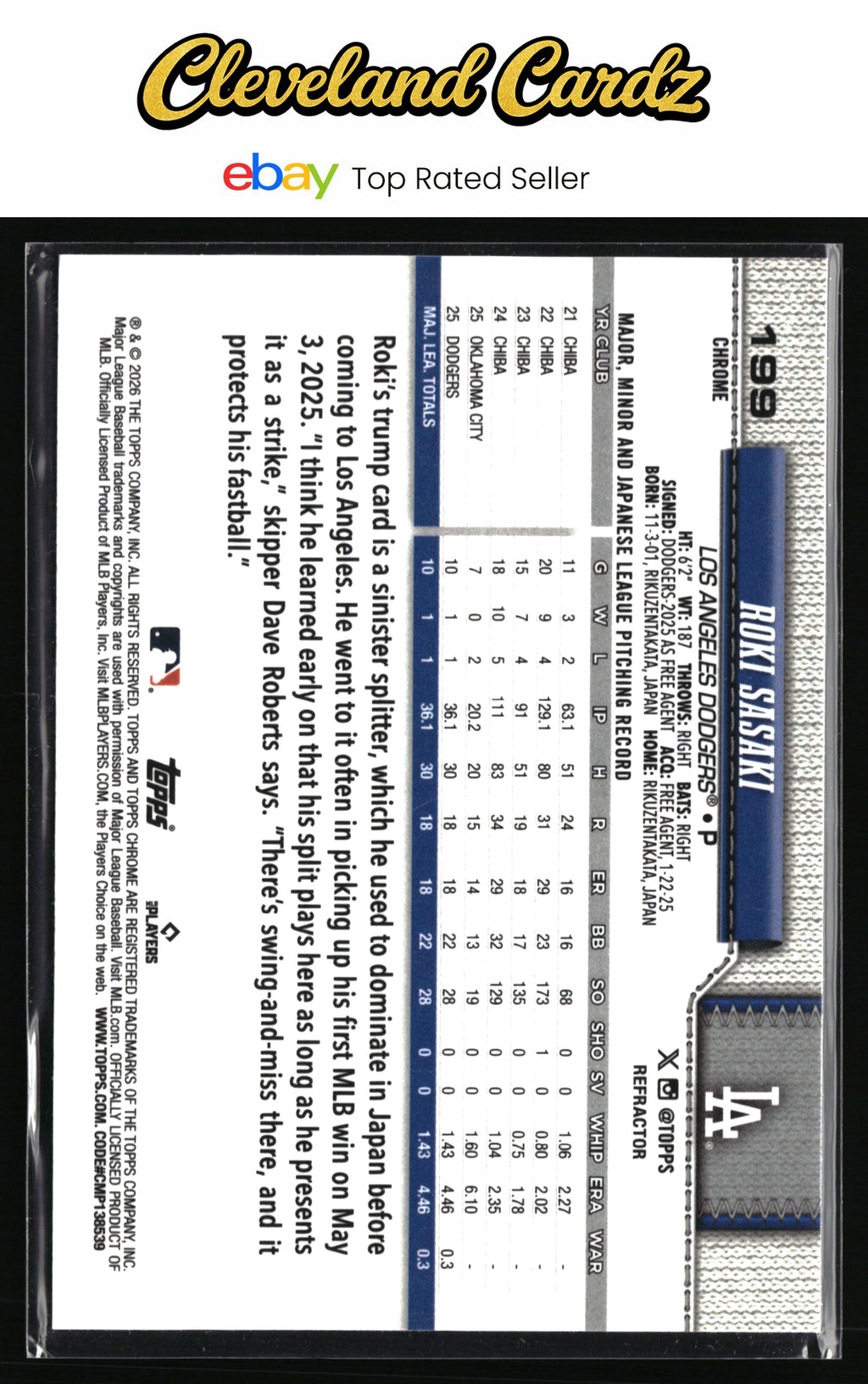 2026 Topps Chrome #199 Roki Sasaki Refractors