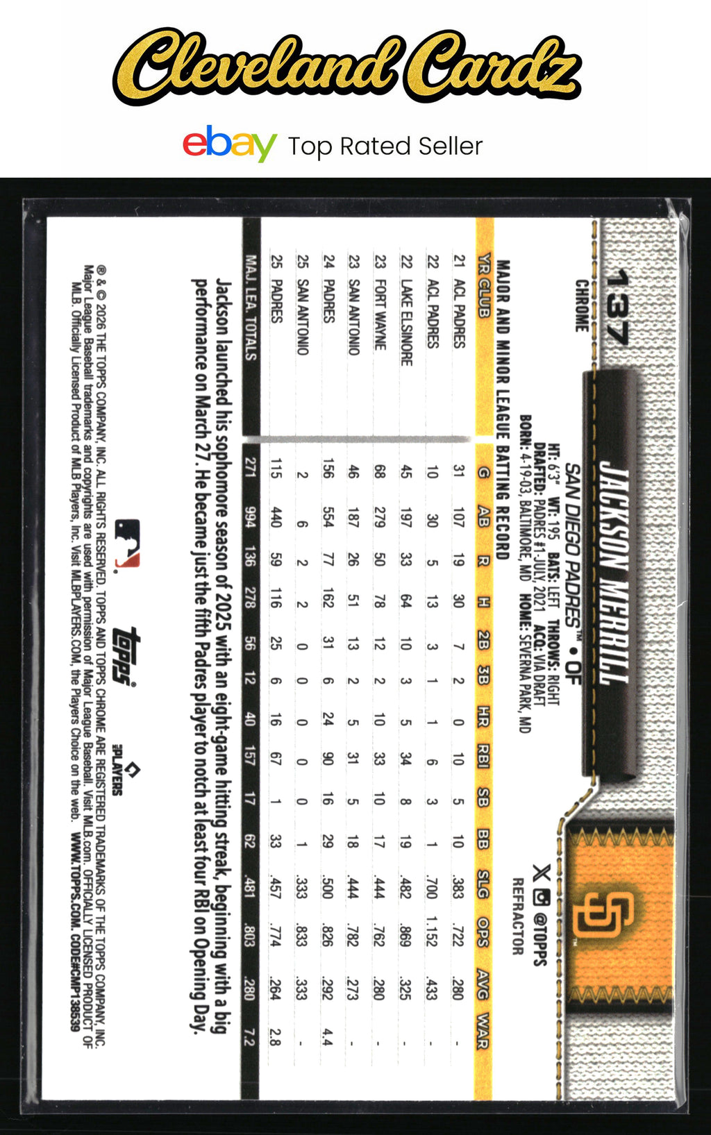 2026 Topps Chrome #137 Jackson Merrill Refractors