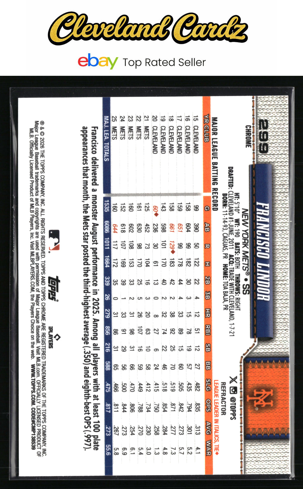 2026 Topps Chrome #299 Francisco Lindor Refractors